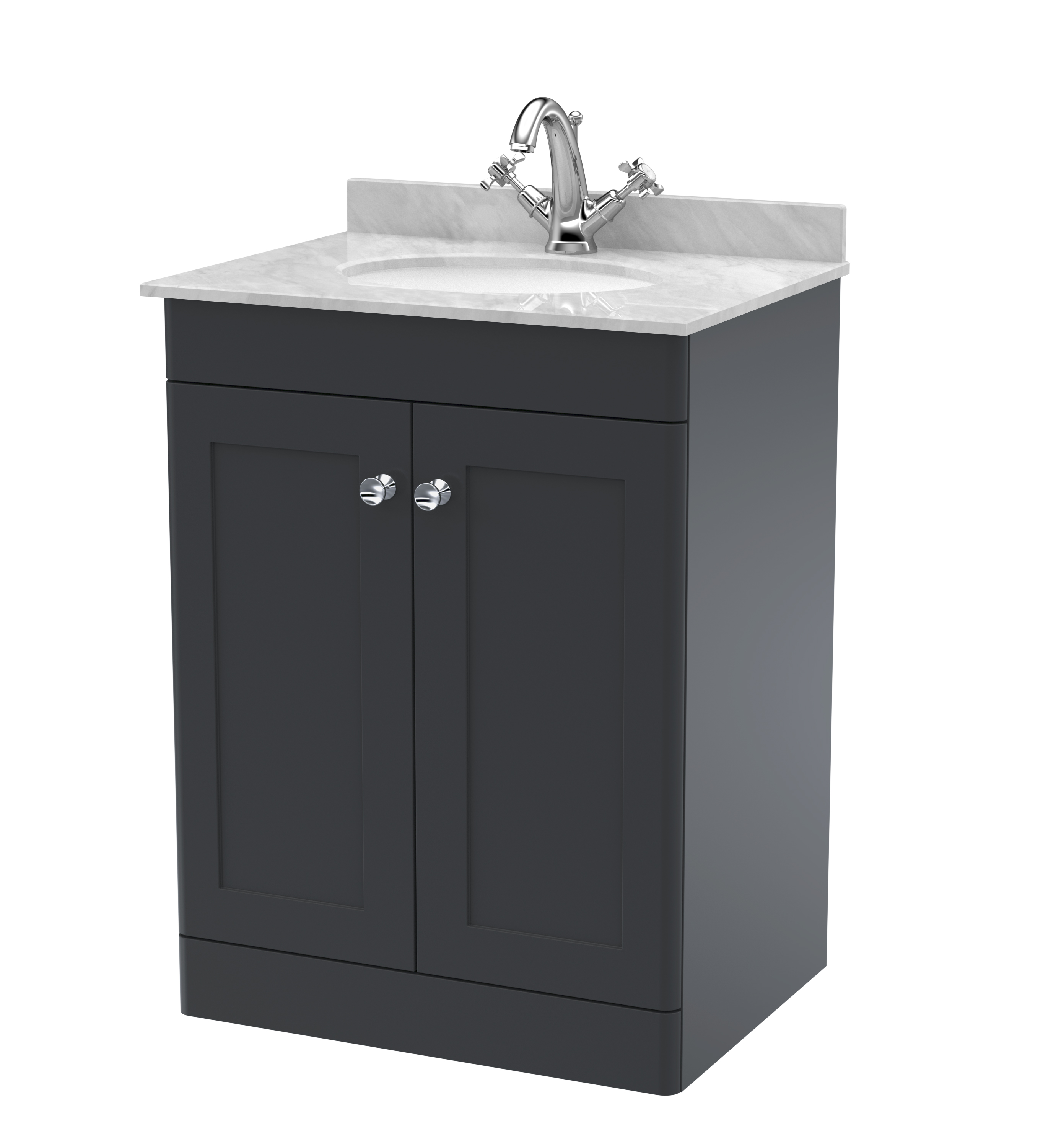 Nuie Classique Soft Black 600mm Floor Standing 2 Door Vanity Unit and Marble Top 1TH CLC1425GR1