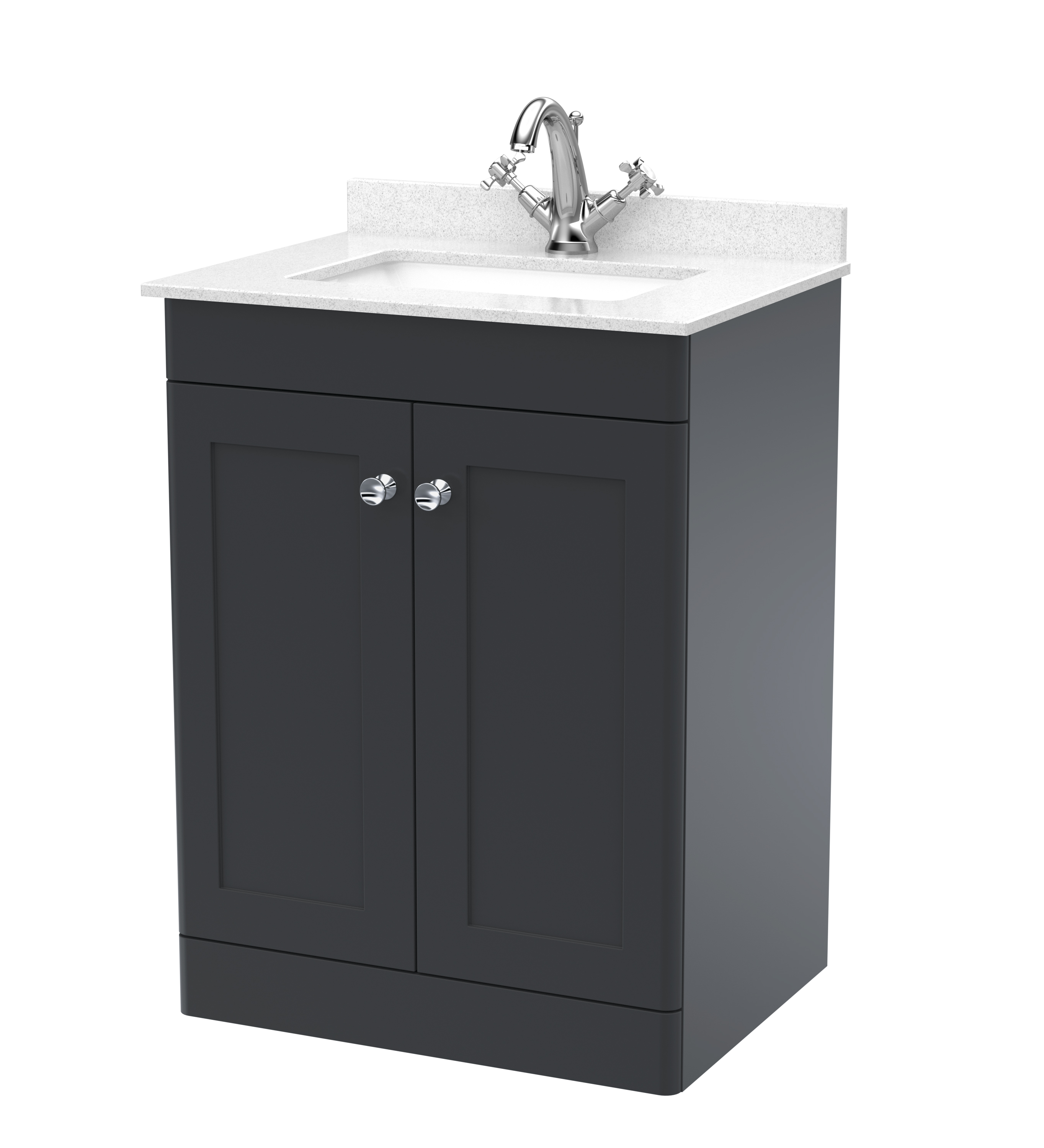 Nuie Classique Soft Black 600mm Floor Standing 2 Door Vanity Unit and Marble Top 1TH CLC1425WS1