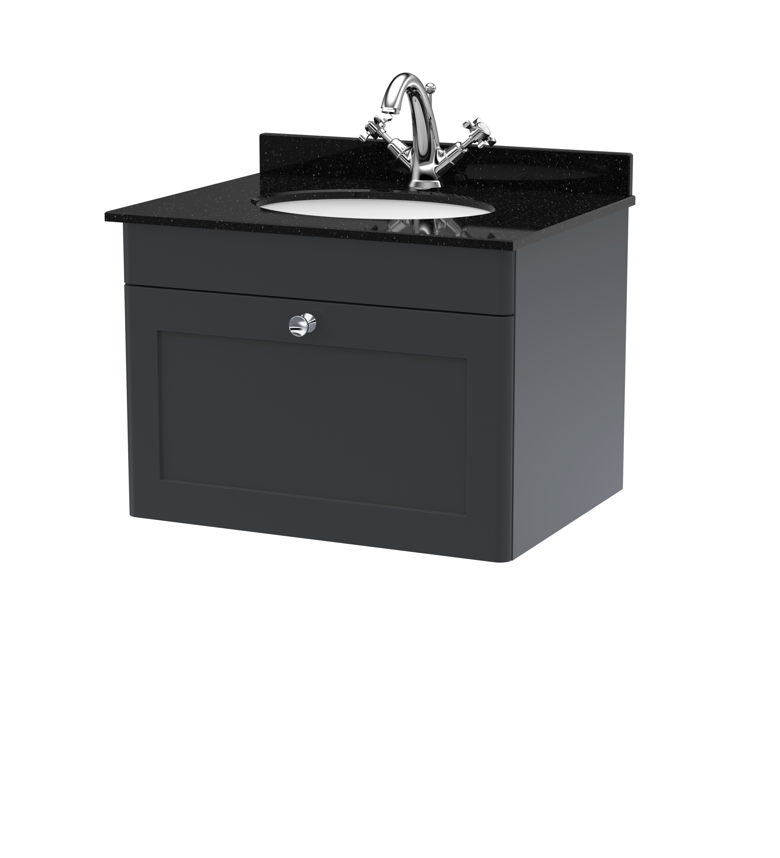 Nuie Classique Soft Black 600mm Wall Hung 1 Drawer Vanity Unit and Marble Top 1TH CLC1494BR1