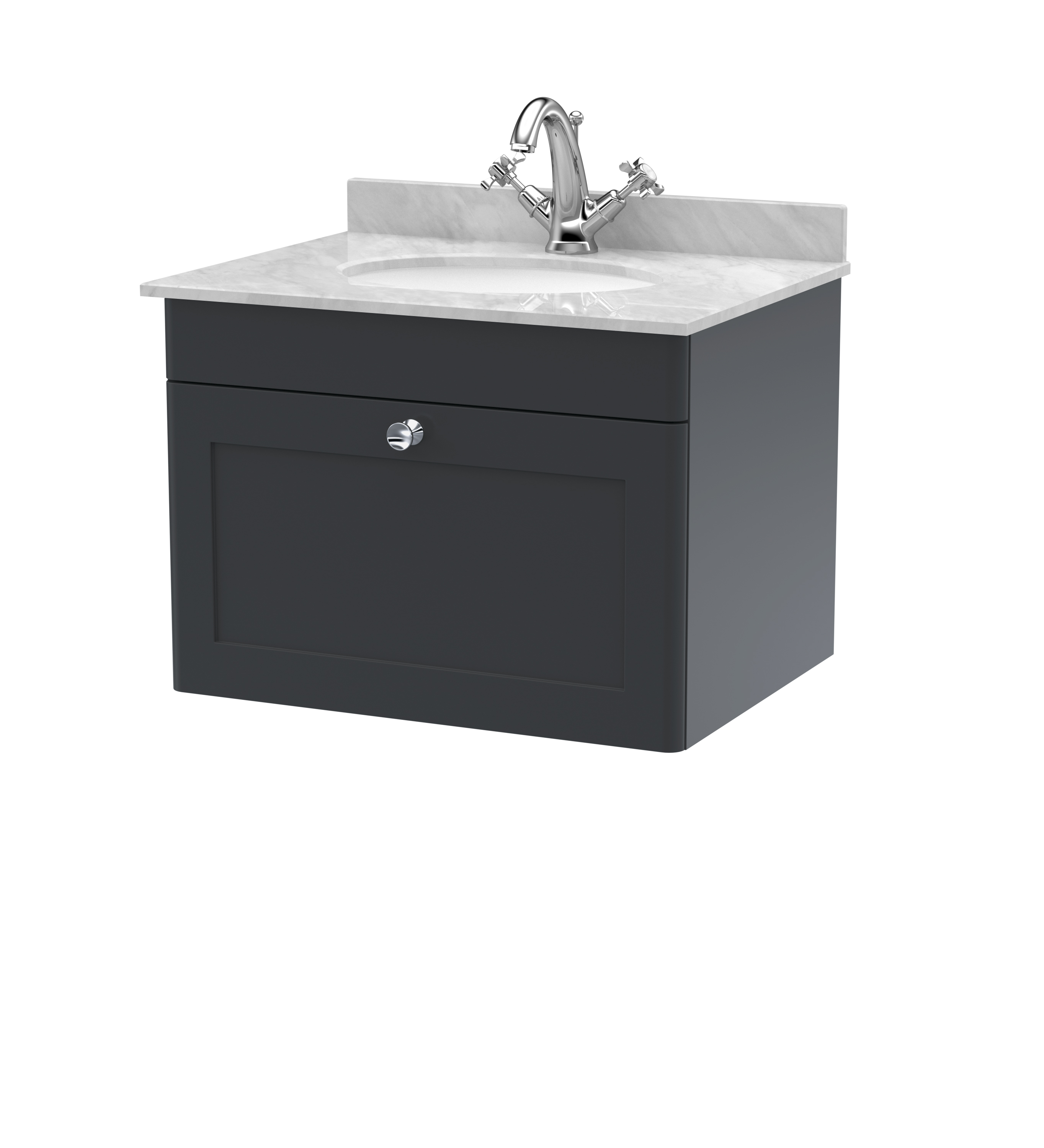 Nuie Classique Soft Black 600mm Wall Hung 1 Drawer Vanity Unit and Marble Top 1TH CLC1494GR1