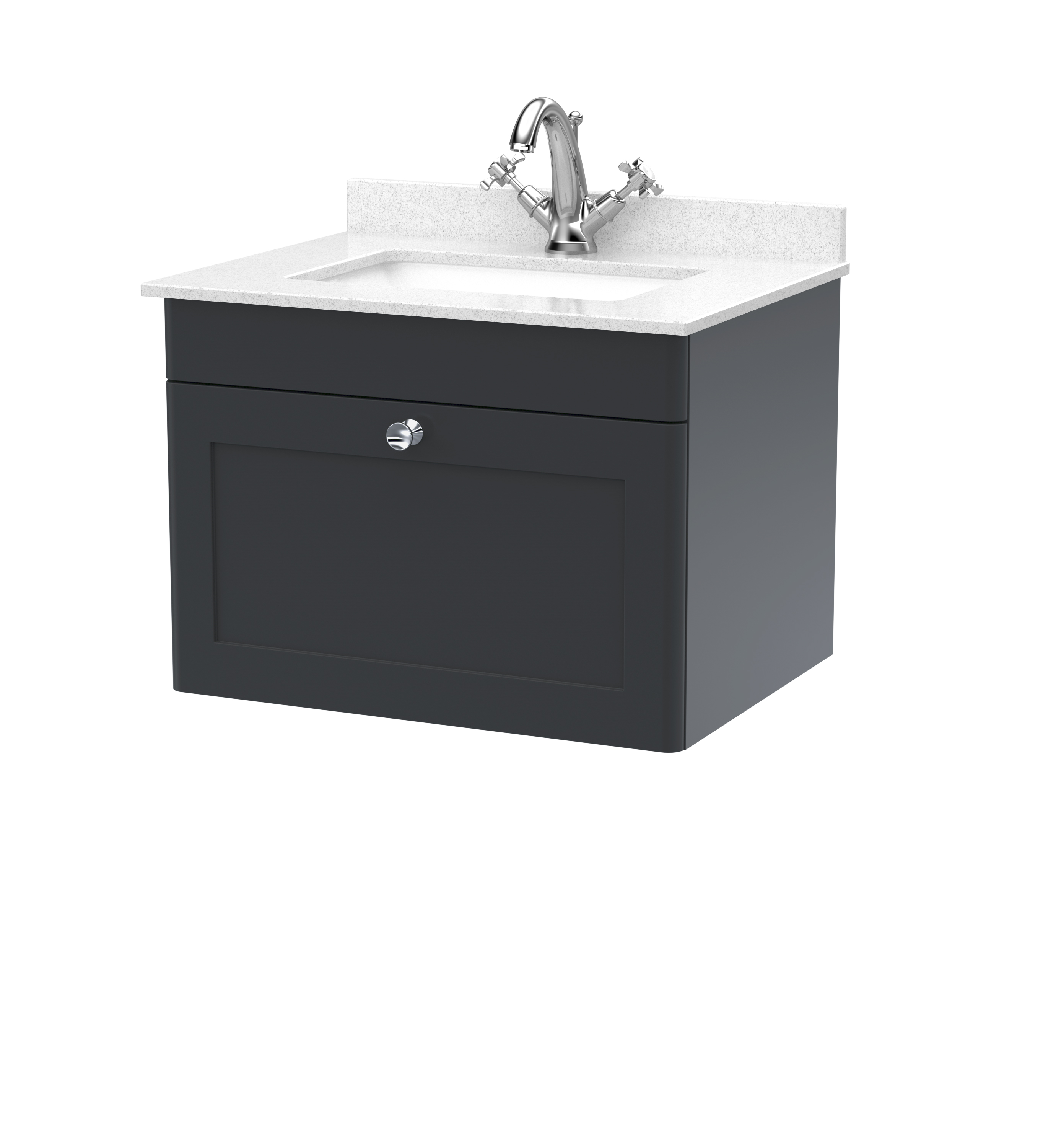 Nuie Classique Soft Black 600mm Wall Hung 1 Drawer Vanity Unit and Marble Top 1TH CLC1494WS1