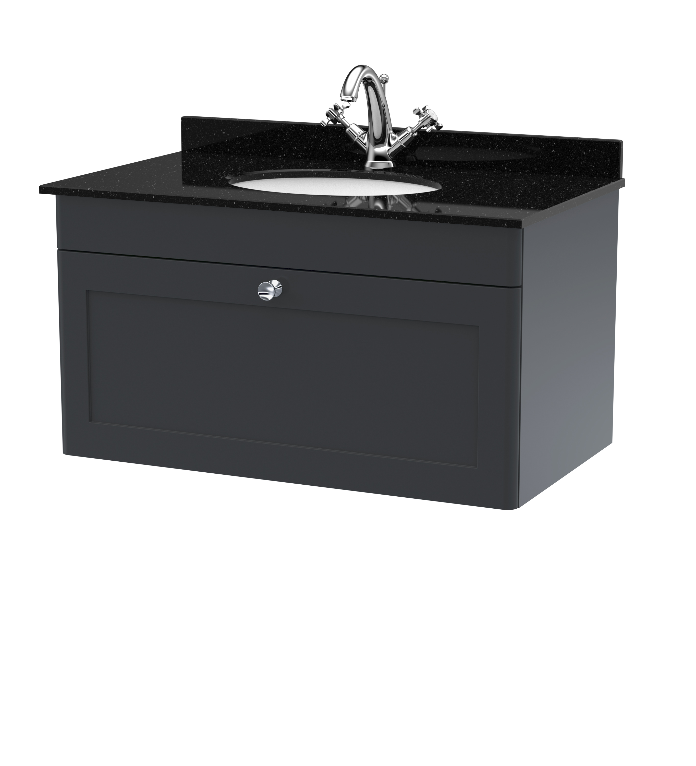 Nuie Classique Soft Black 800mm Wall Hung 1 Drawer Vanity Unit and Marble Top 1TH CLC1496BR1
