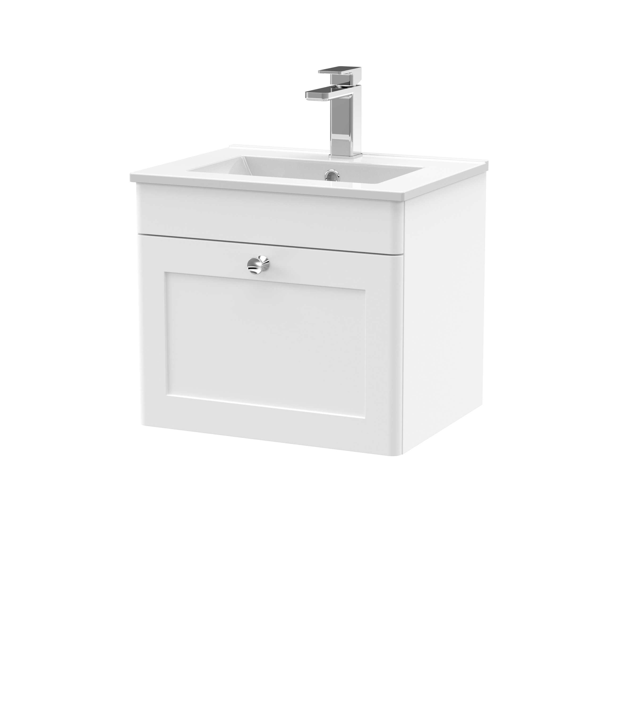 Nuie Classique Satin White 500mm Wall Hung 1 Drawer Vanity Unit and Minimalist Basin CLC191C