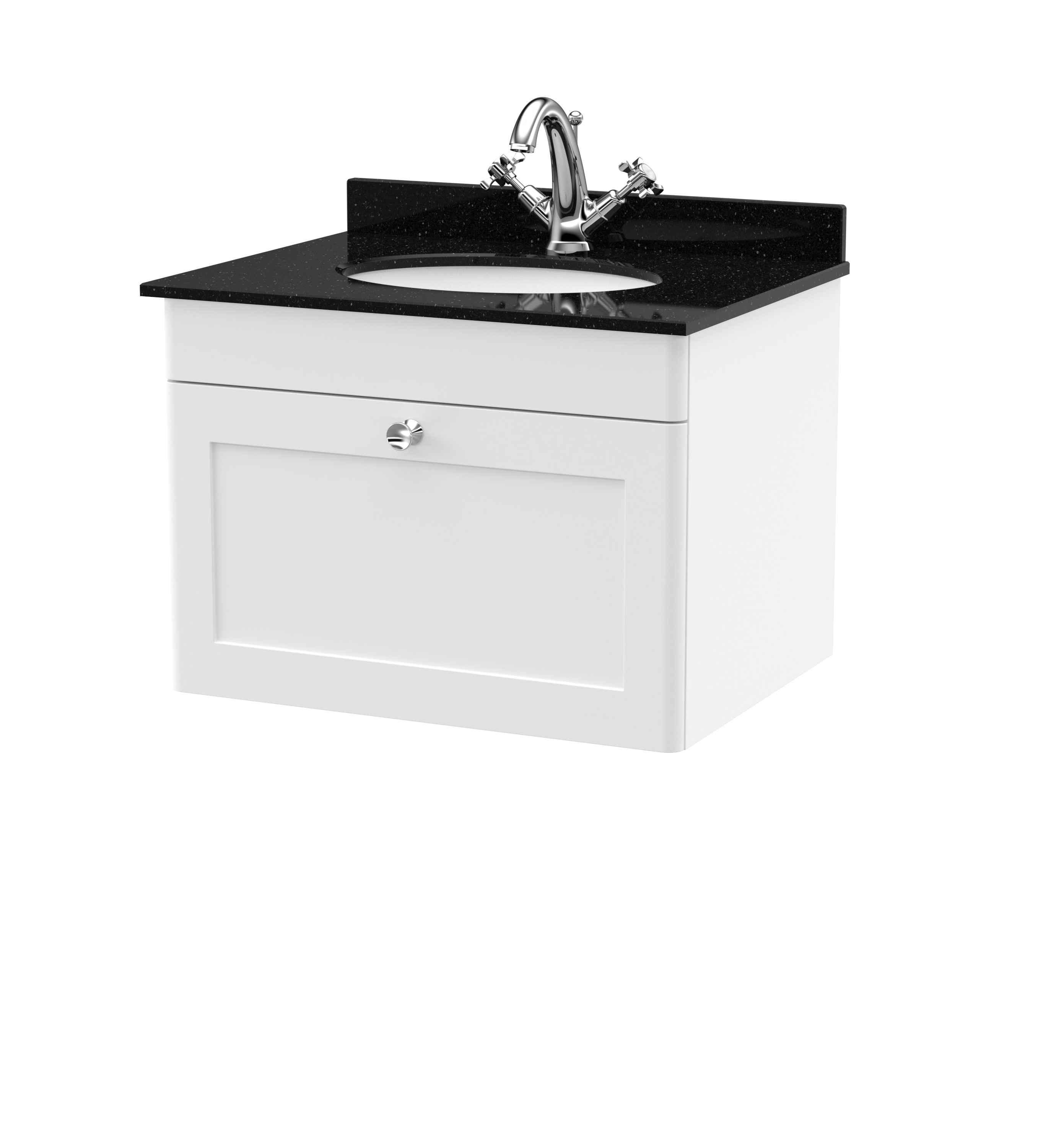 Nuie Classique Satin White 600mm Wall Hung 1 Drawer Vanity Unit and Marble Top 1TH CLC194BR1