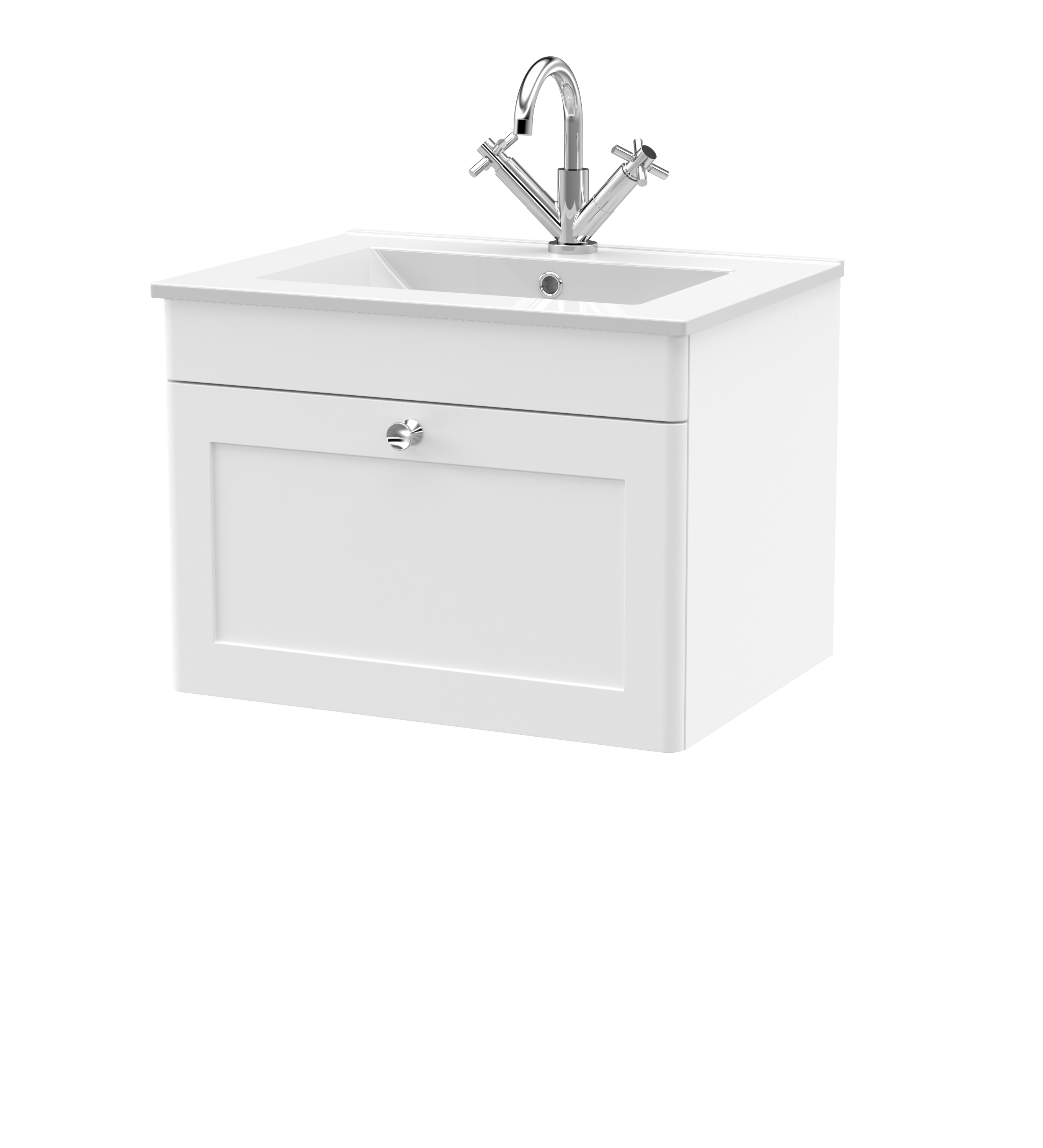 Nuie Classique Satin White 600mm Wall Hung 1 Drawer Vanity Unit with Basin 1 Tap Hole CLC194C
