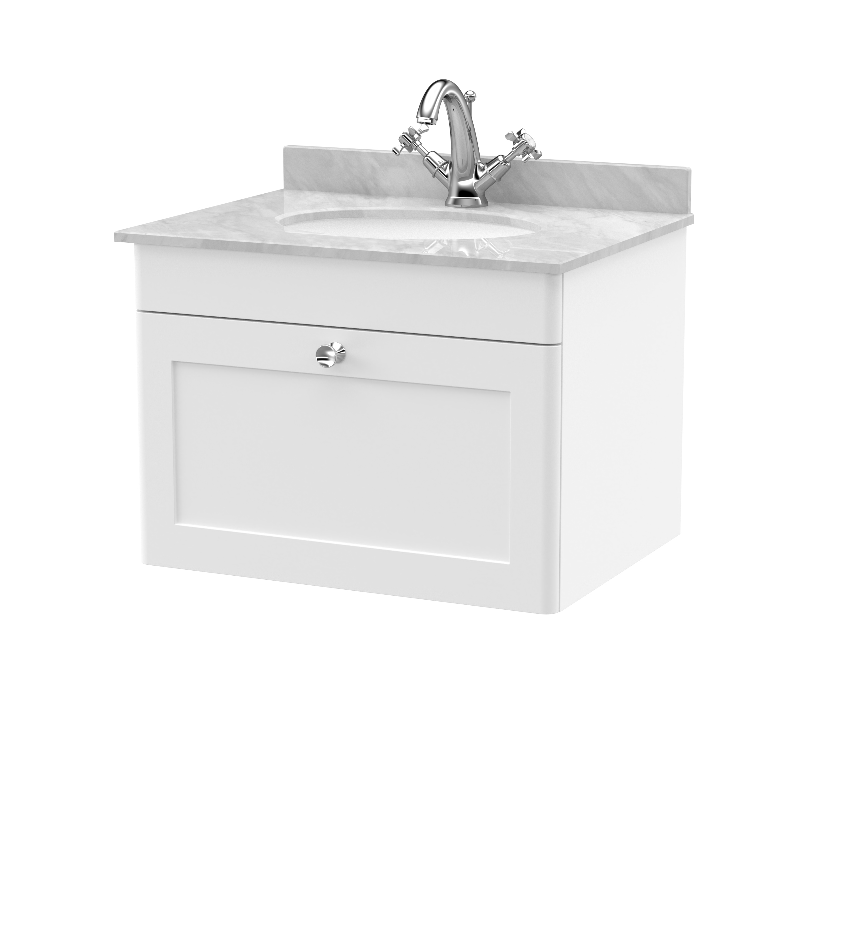 Nuie Classique Satin White 600mm Wall Hung 1 Drawer Vanity Unit and Marble Top 1TH CLC194GR1