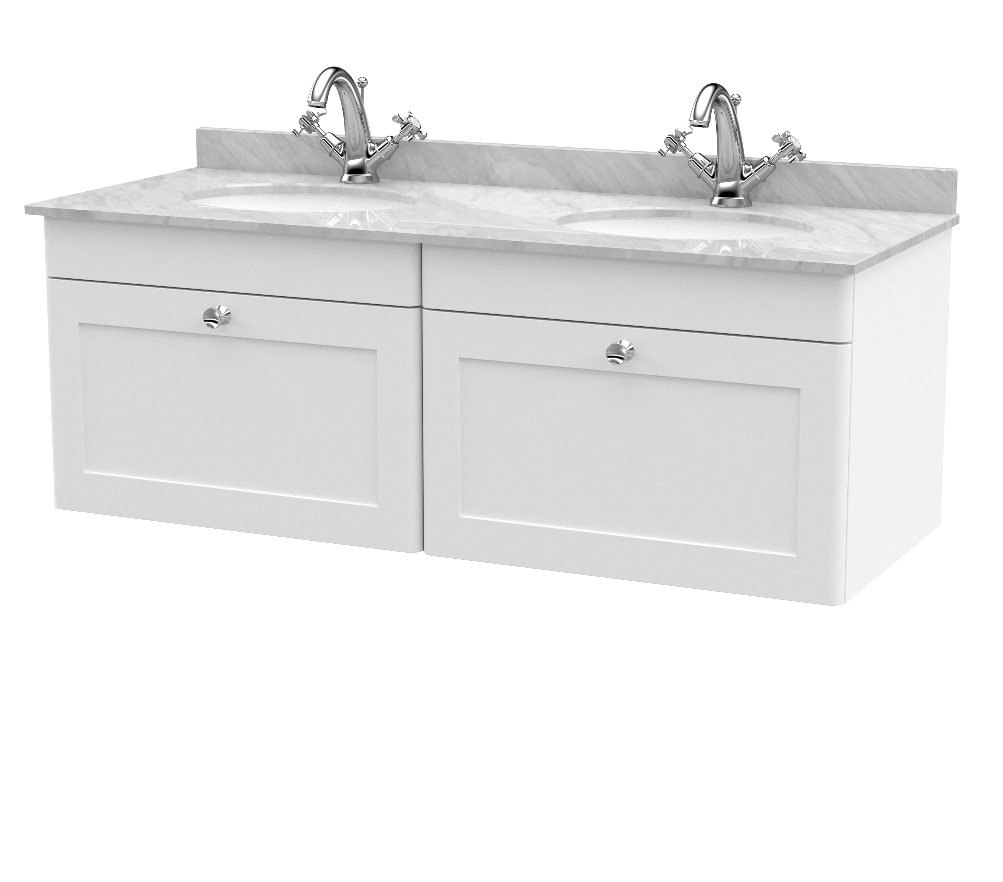 Nuie Classique Satin White 1200mm Wall Hung 2 Drawer Vanity Unit and Marble Top CLC194GR2