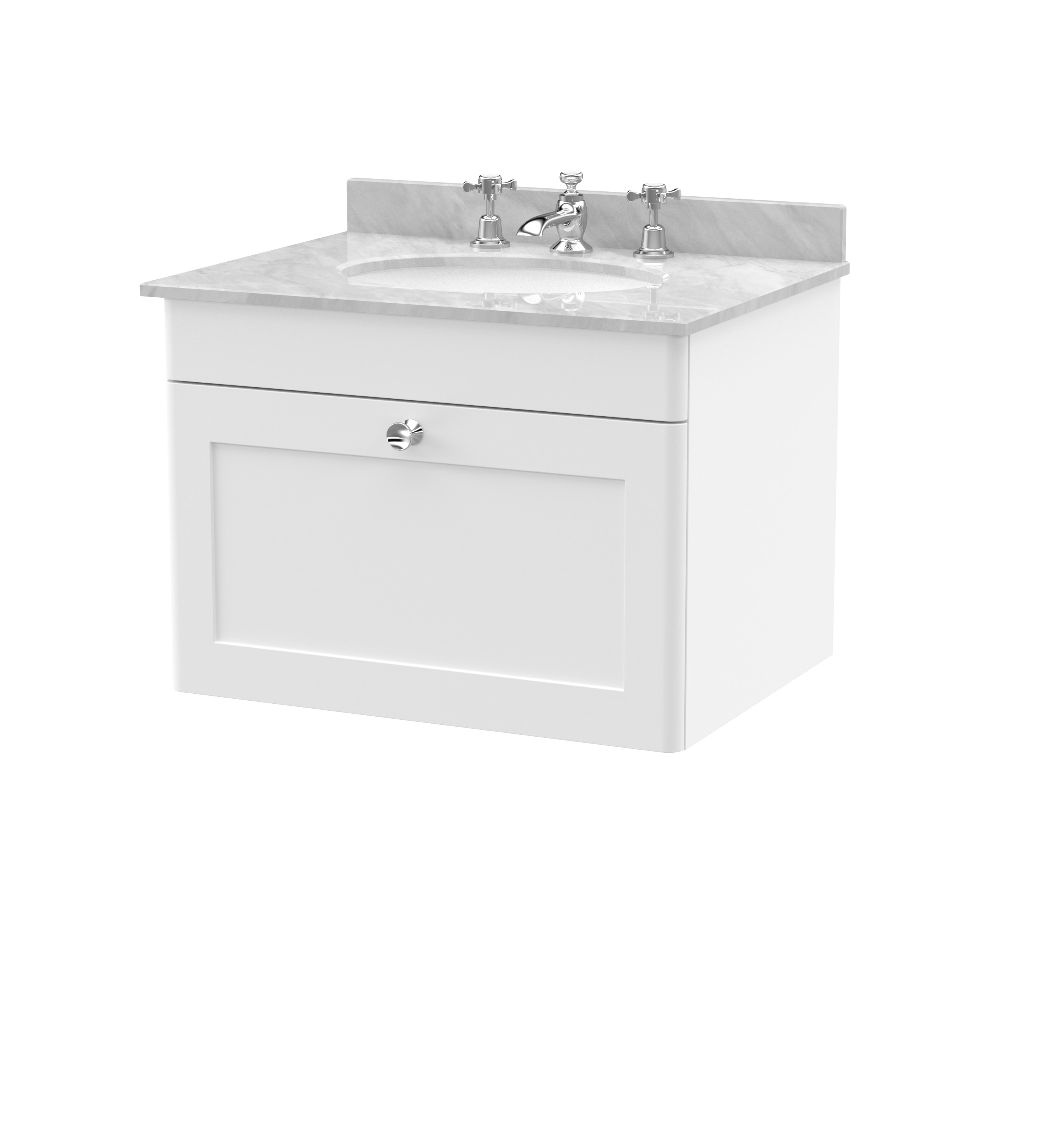 Nuie Classique Satin White 600mm Wall Hung 1 Drawer Vanity Unit and Marble Top 3TH CLC194GR3