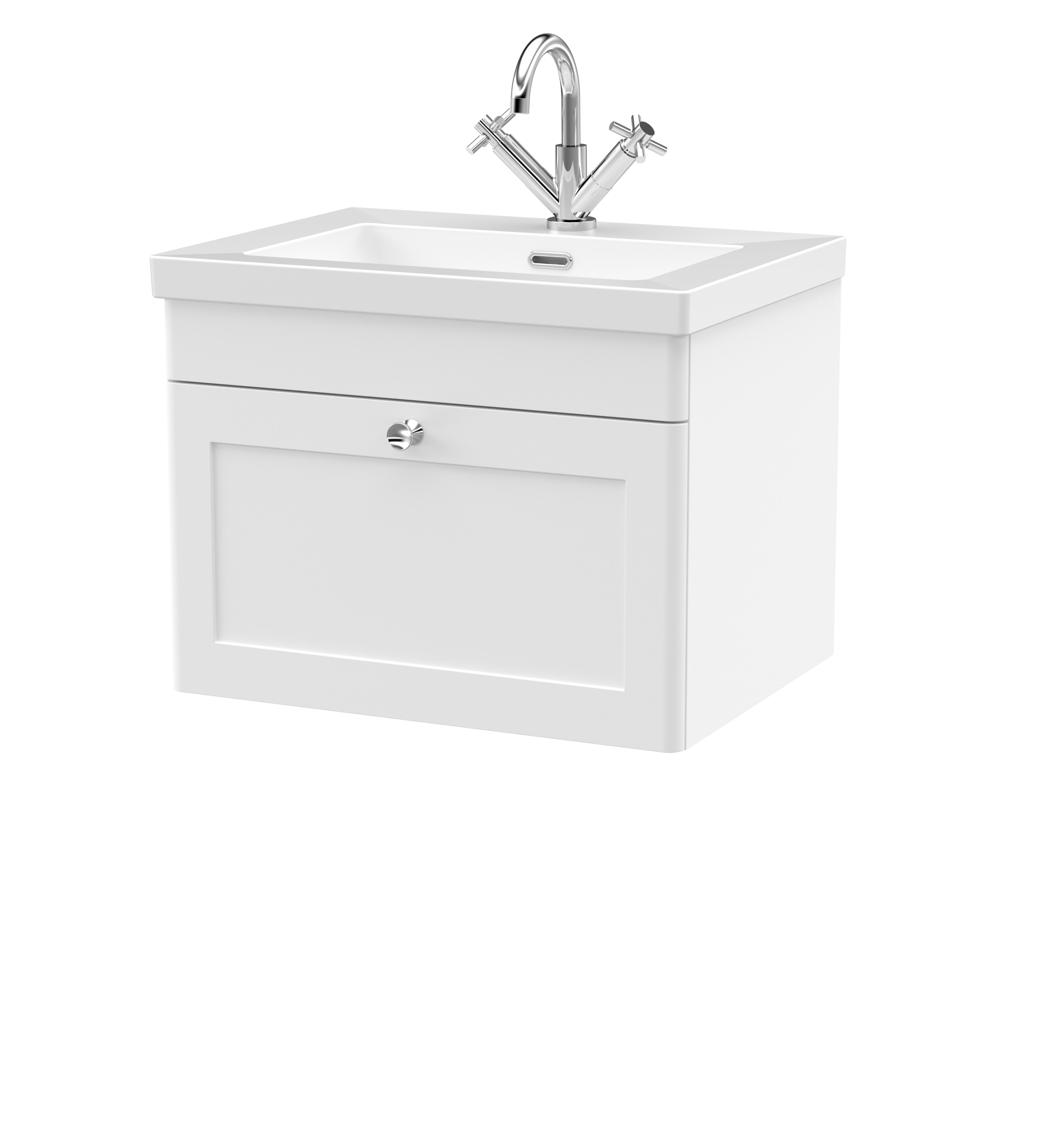 Nuie Classique Satin White 600mm Wall Hung 1 Drawer Vanity Unit with Basin 1 Tap Hole CLC194L