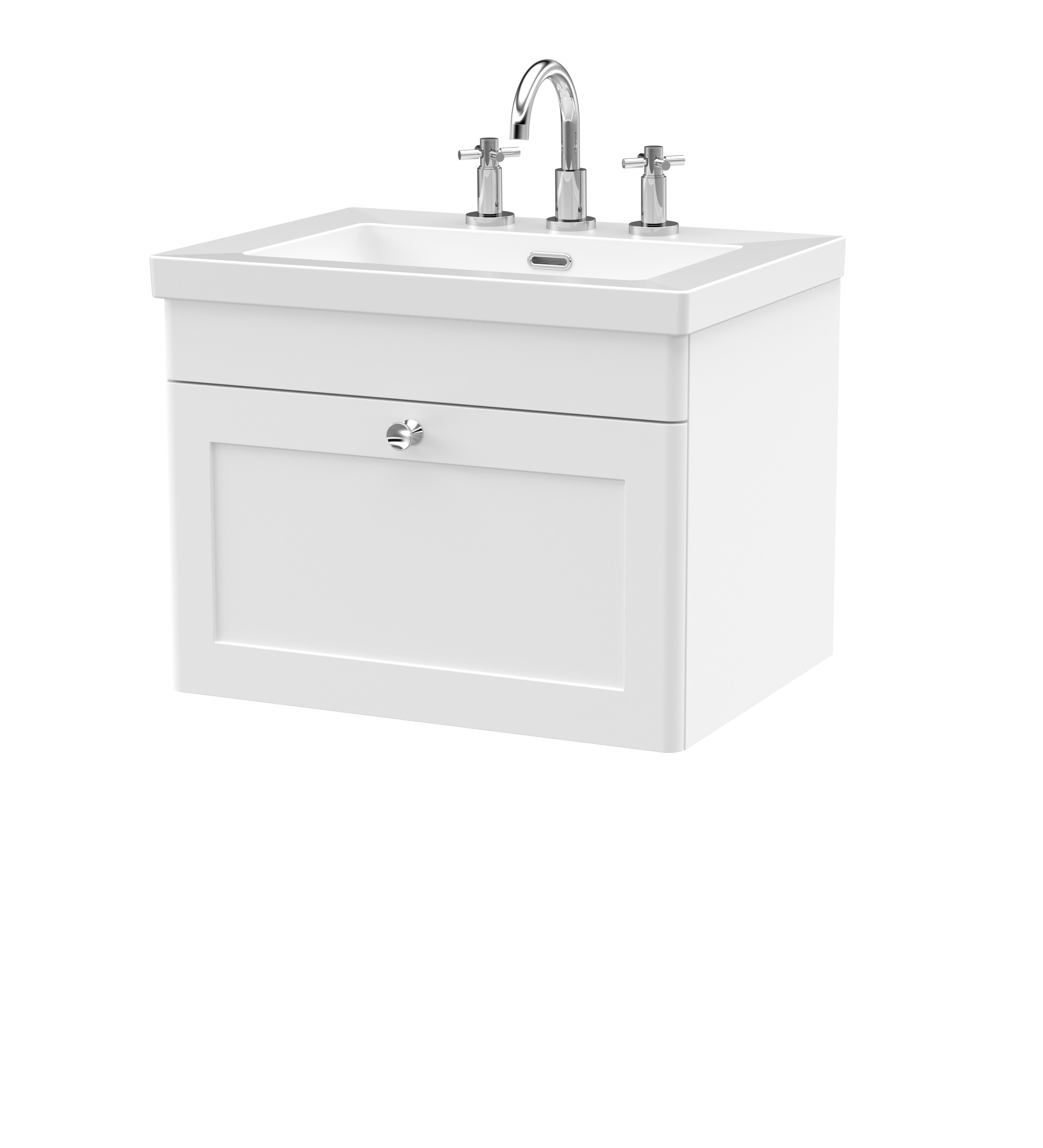 Nuie Classique Satin White 600mm Wall Hung 1 Drawer Vanity Unit with Basin 3 Tap Hole CLC194M