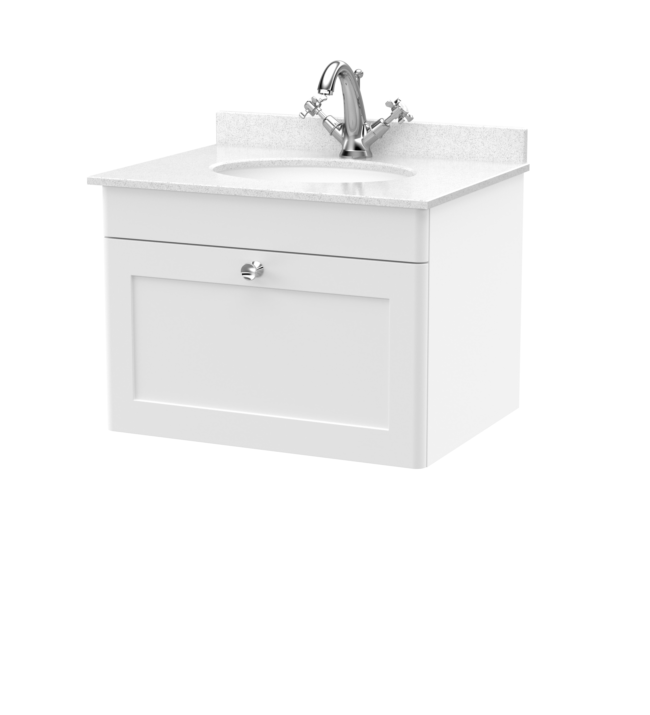 Nuie Classique Satin White 600mm Wall Hung 1 Drawer Vanity Unit and Marble Top 1TH CLC194WR1
