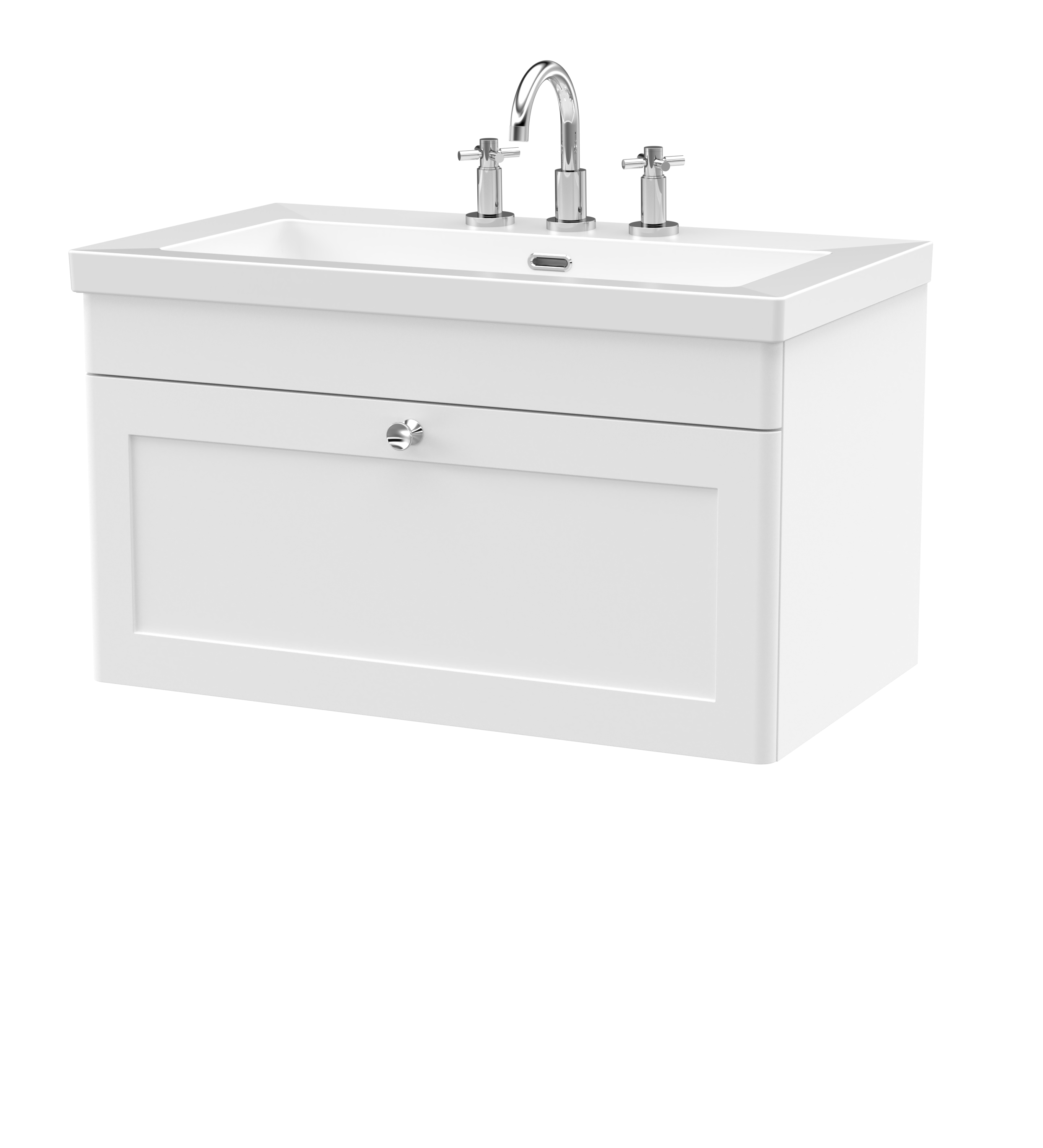 Nuie Classique Satin White 800mm Wall Hung Single Drawer Vanity Unit with Basin 3 Tap Hole CLC196M