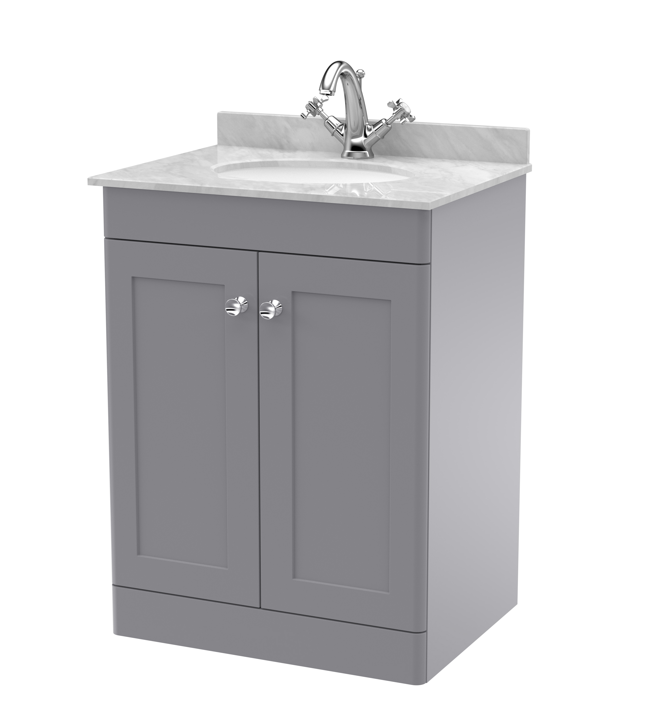 Nuie Classique Satin Grey 600mm Floor Standing 2 Door Vanity Unit and Marble Top 1TH CLC225GR1