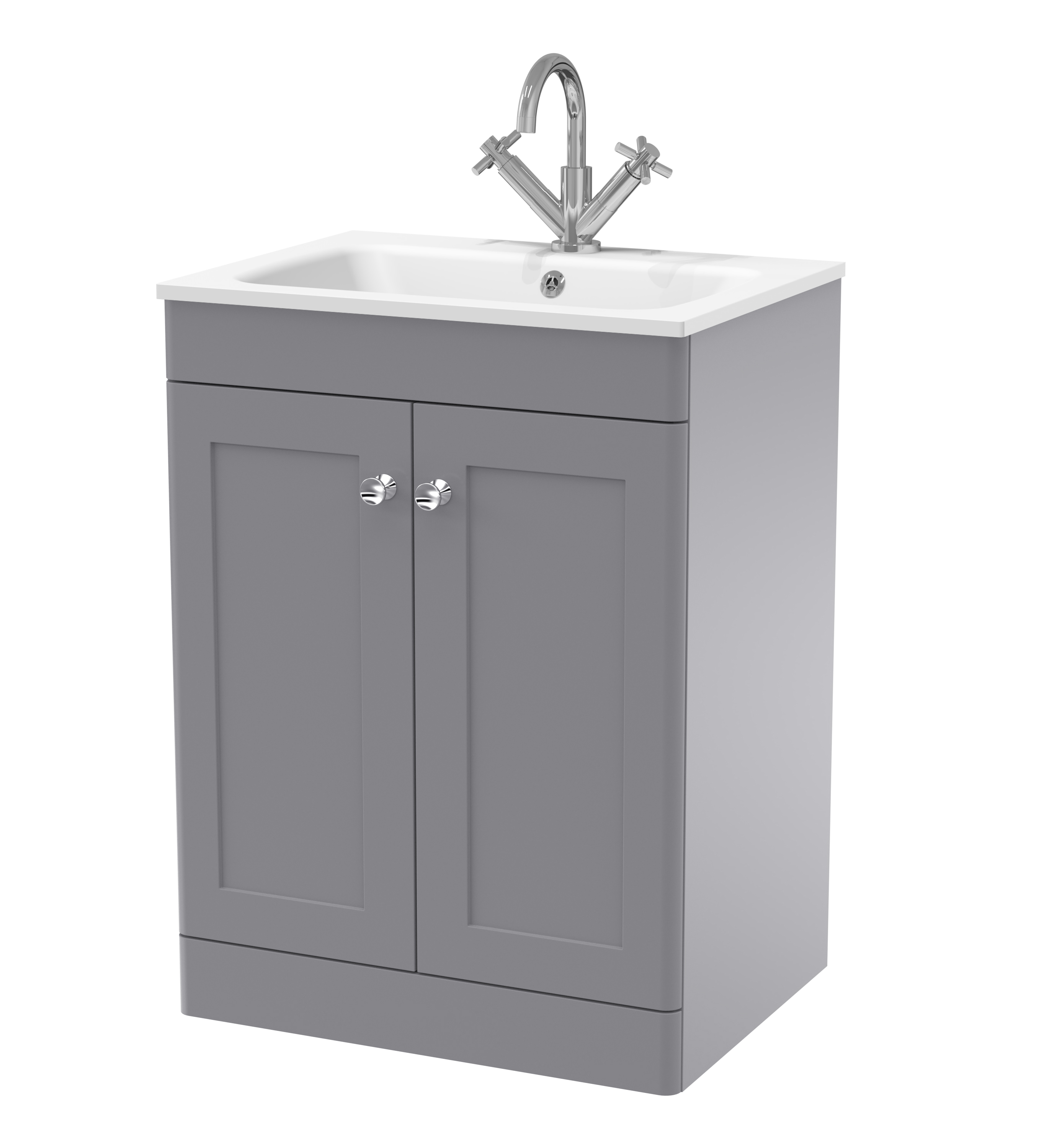 Nuie Classique Satin Grey 600mm Floor Standing 2 Door Unit and Stone Basin 1TH CLC225P