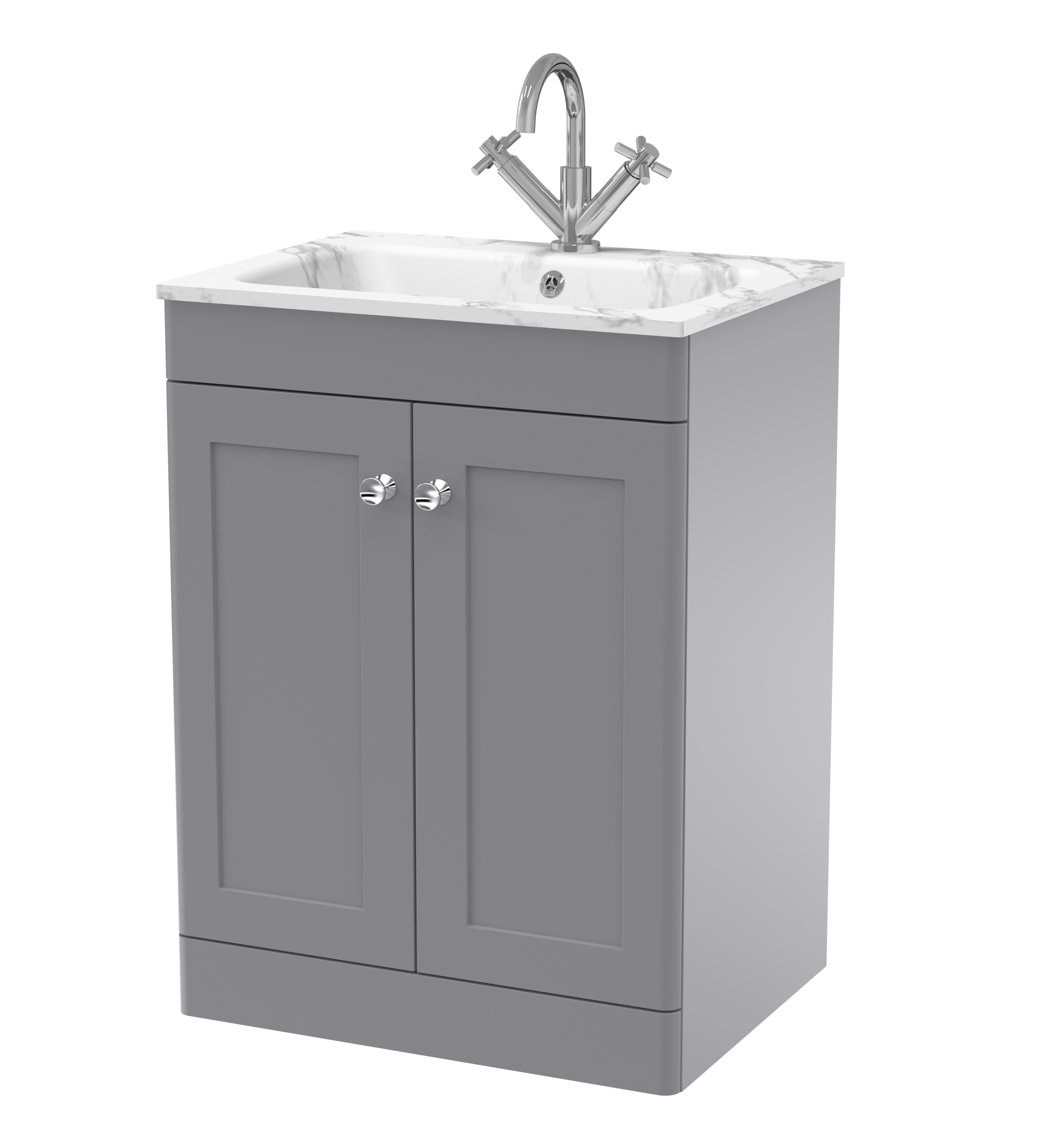 Nuie Classique Satin Grey 600mm Floor Standing 2 Door Unit and Stone Basin 1TH CLC225Q