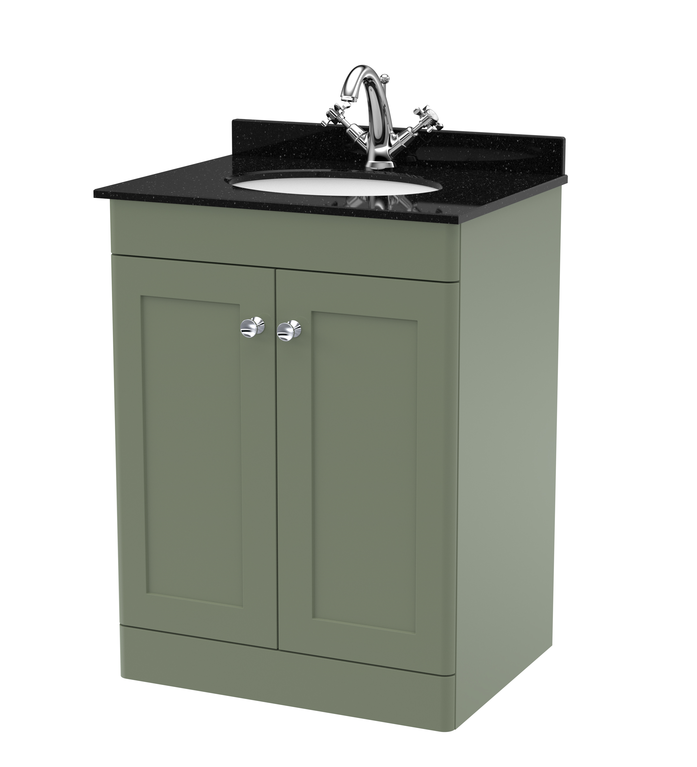 Nuie Classique Satin Green 600mm Floor Standing 2 Door Vanity Unit and Marble Top 1TH CLC825BR1