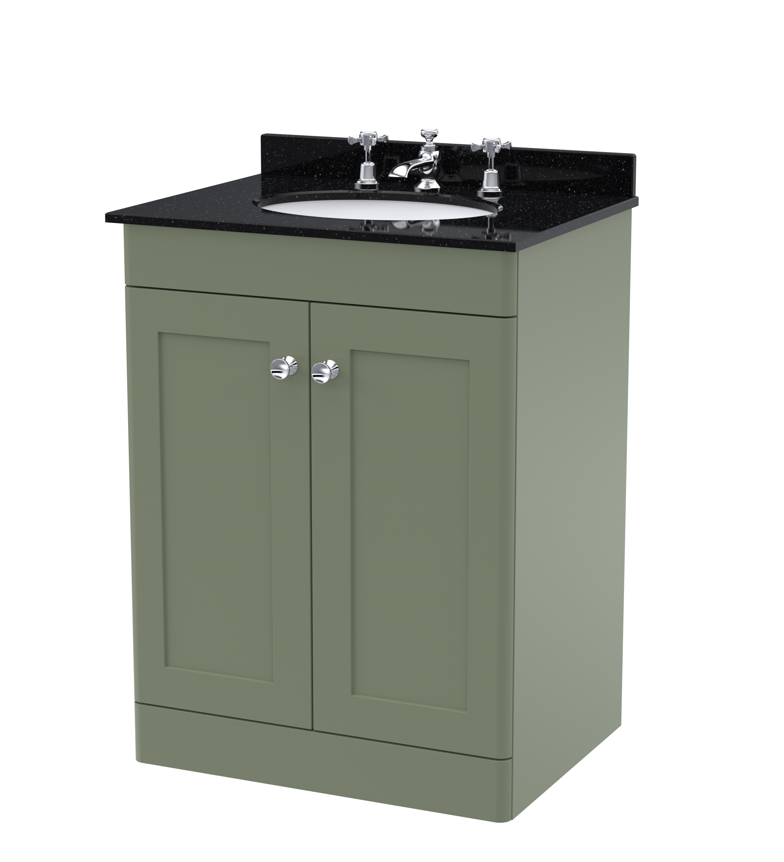 Nuie Classique Satin Green 600mm Floor Standing 2 Door Vanity Unit and Marble Top 3TH CLC825BR3