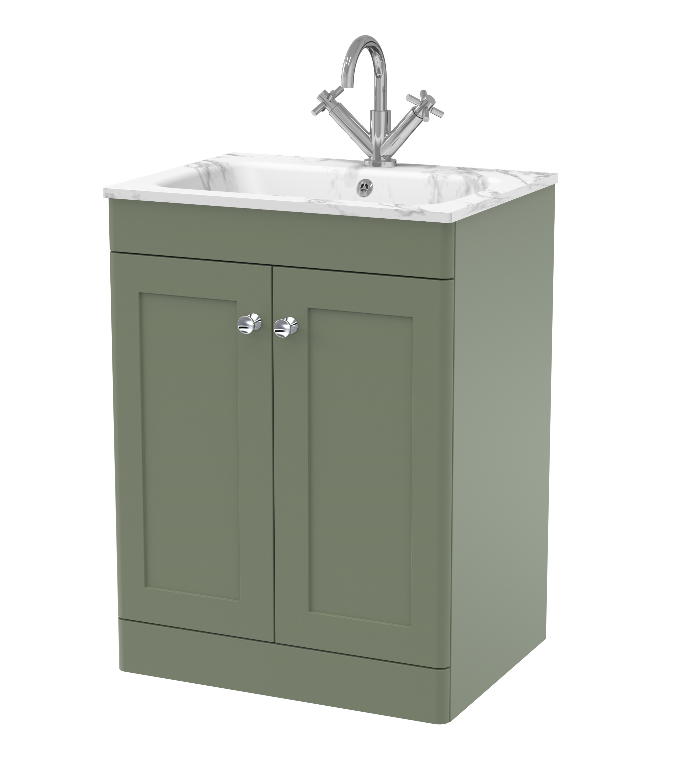 Nuie Classique Satin Green 600mm Floor Standing 2 Door Unit and Stone Basin 1TH CLC825Q