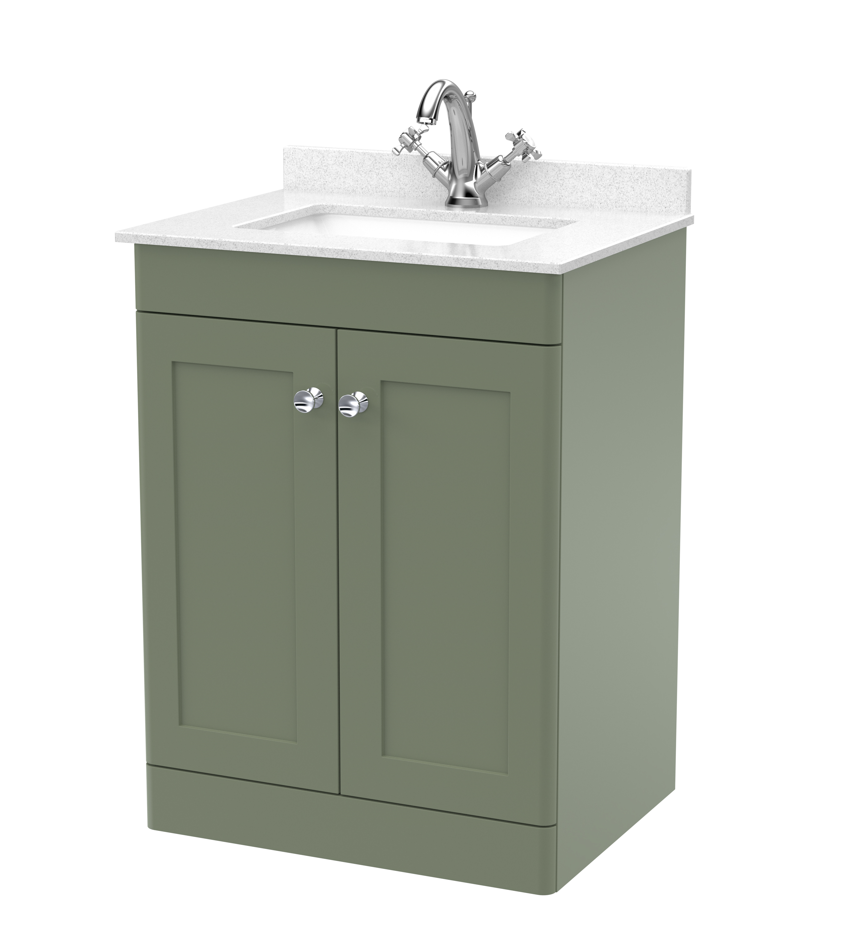 Nuie Classique Satin Green 600mm Floor Standing 2 Door Vanity Unit and Marble Top 1TH CLC825WS1