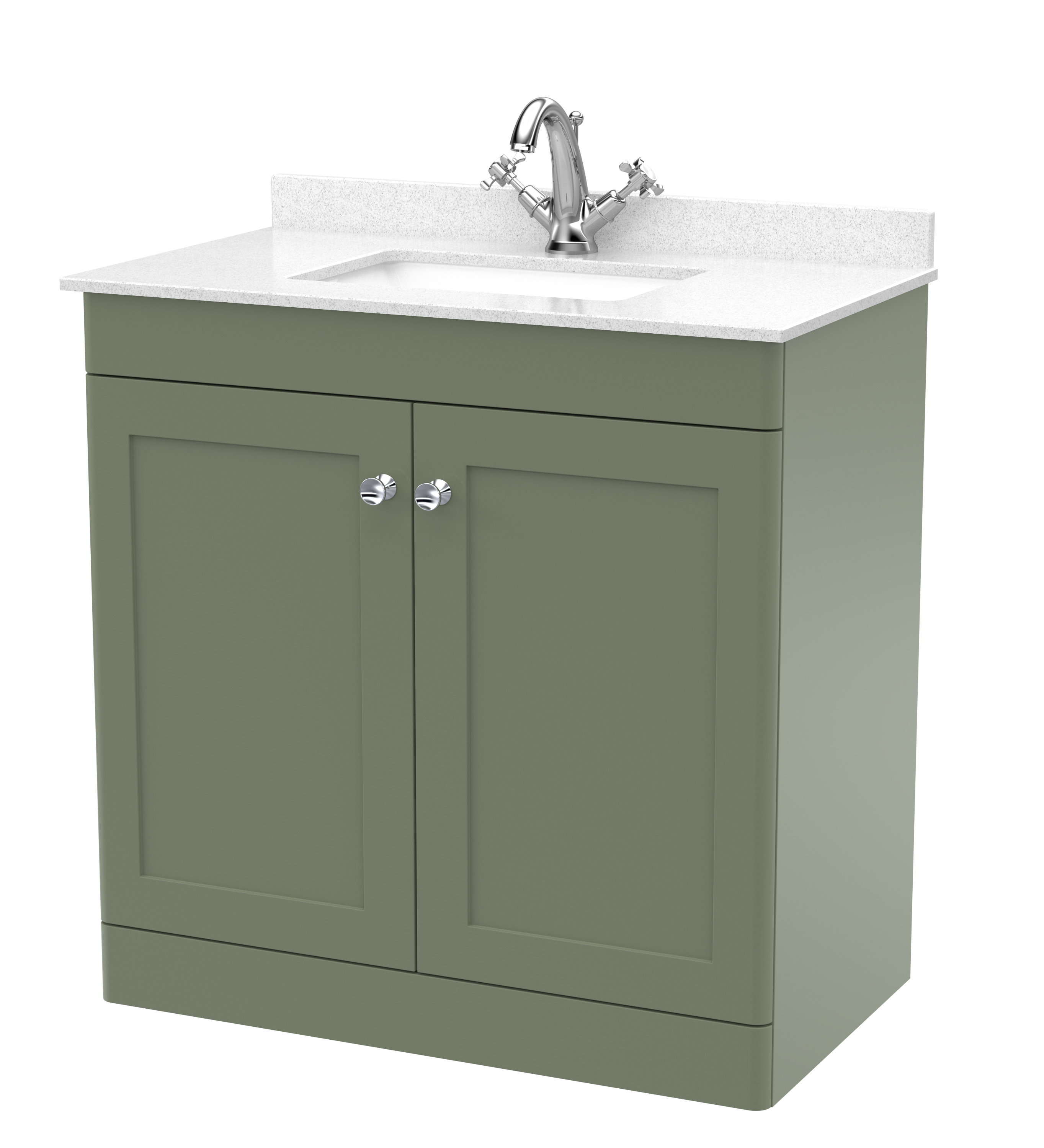 Nuie Classique Satin Green 800mm Floor Standing 2 Door Vanity Unit and Marble Top 1TH CLC826WS1