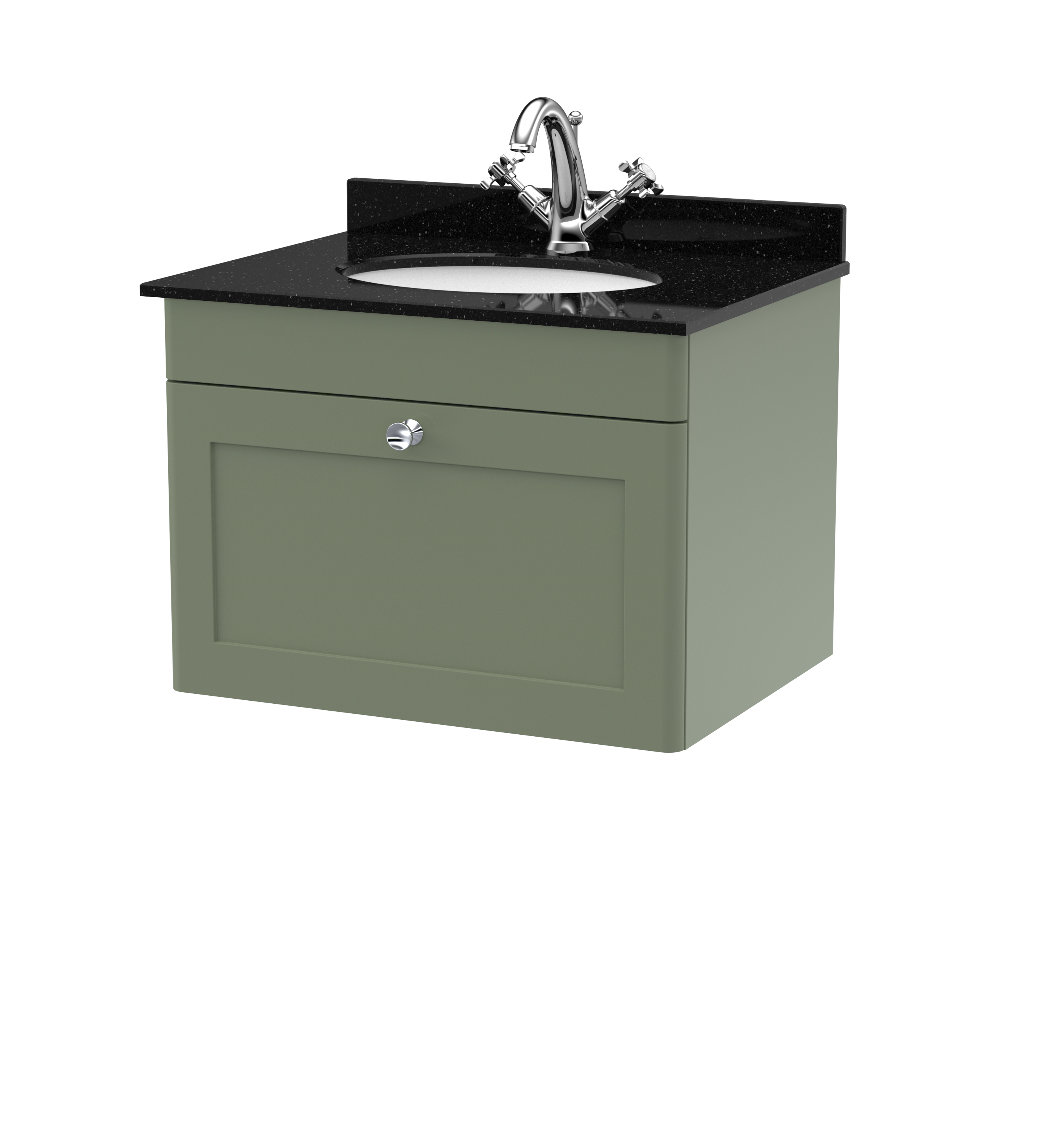 Nuie Classique Satin Green 600mm Wall Hung 1 Drawer Vanity Unit and Marble Top 1TH CLC894BR1