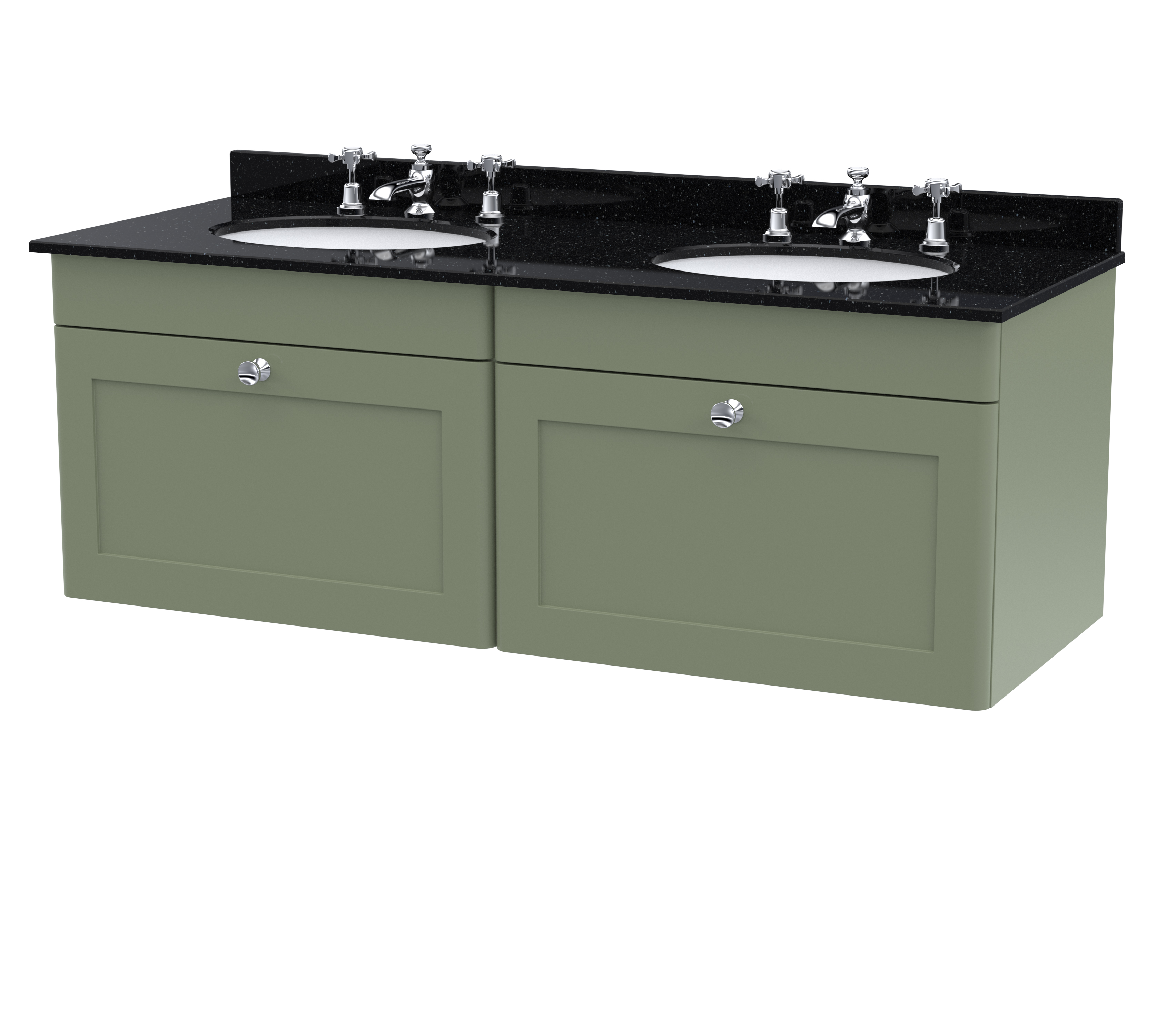 Nuie Classique Satin Green 1200mm Wall Hung 2 Drawer Vanity Unit and Marble Top CLC894BR6