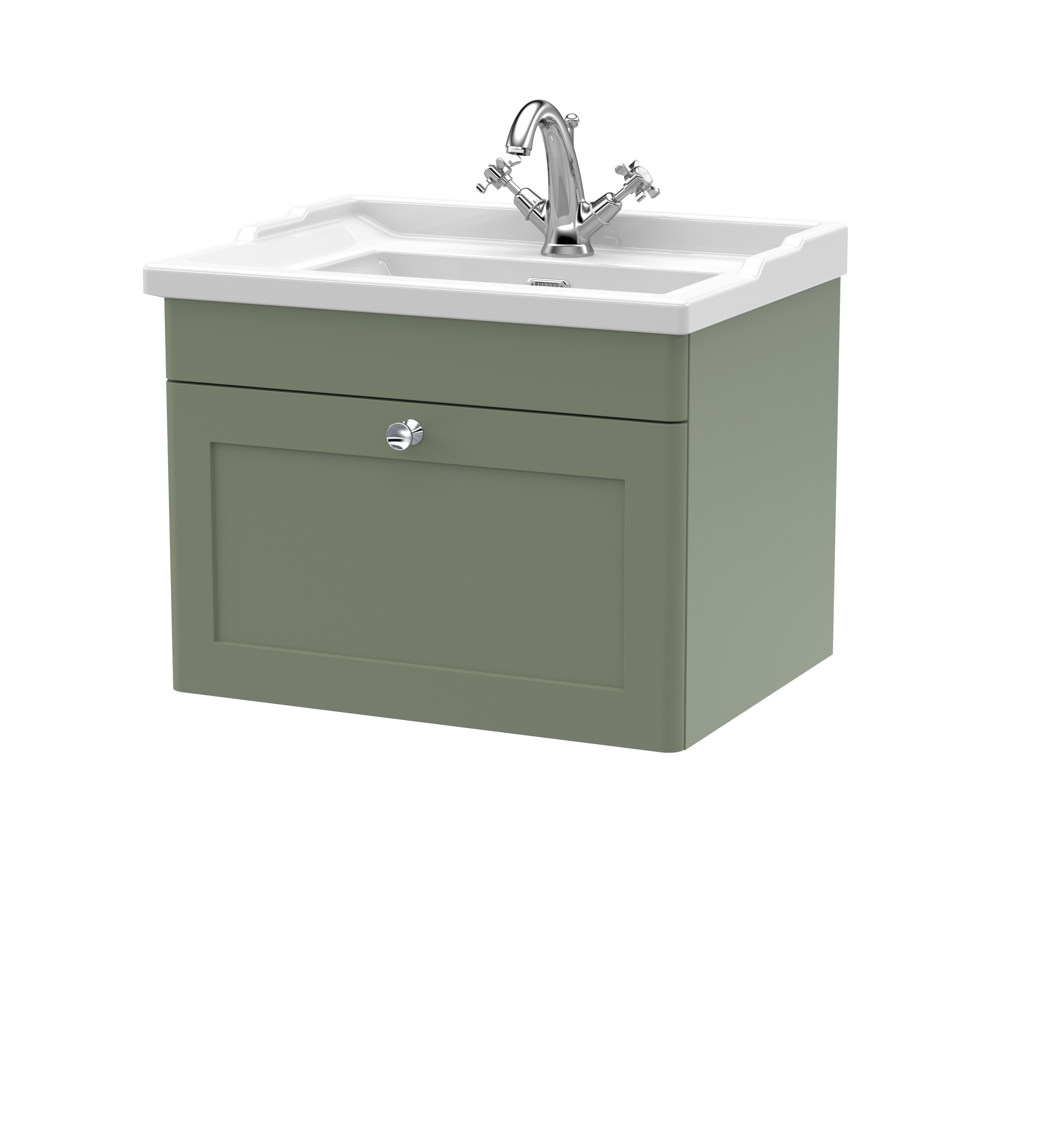Nuie Classique Satin Green 600mm Wall Hung 1 Drawer Vanity Unit and Basin 1TH CLC894F