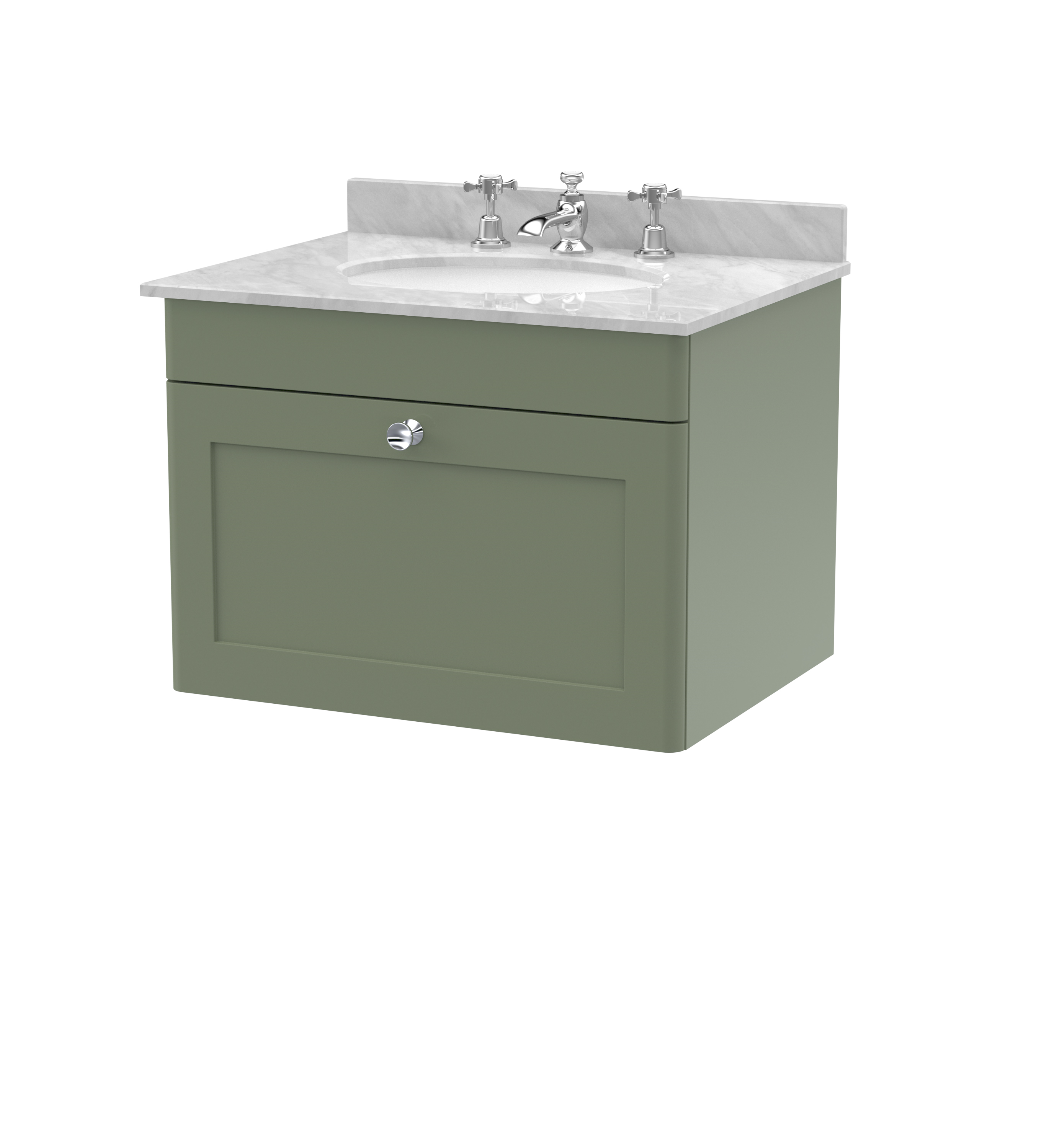 Nuie Classique Satin Green 600mm Wall Hung 1 Drawer Vanity Unit and Marble Top 3TH CLC894GR3