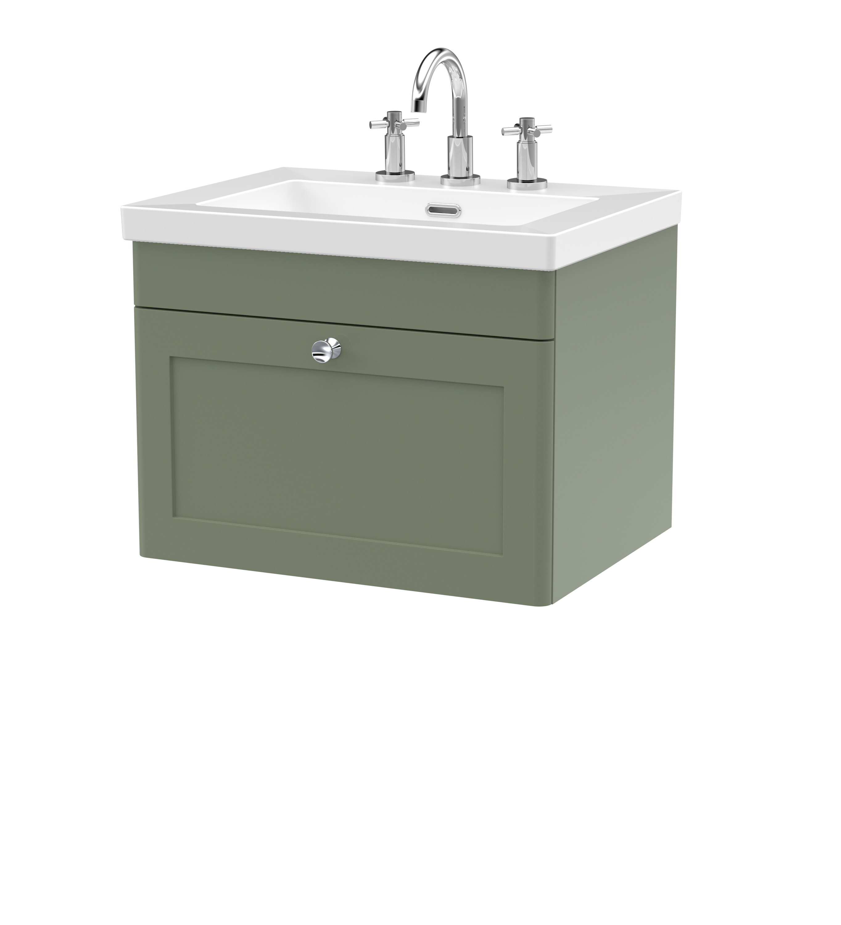 Nuie Classique Satin Green 600mm Wall Hung 1 Drawer Vanity Unit with Basin 3 Tap Hole CLC894M