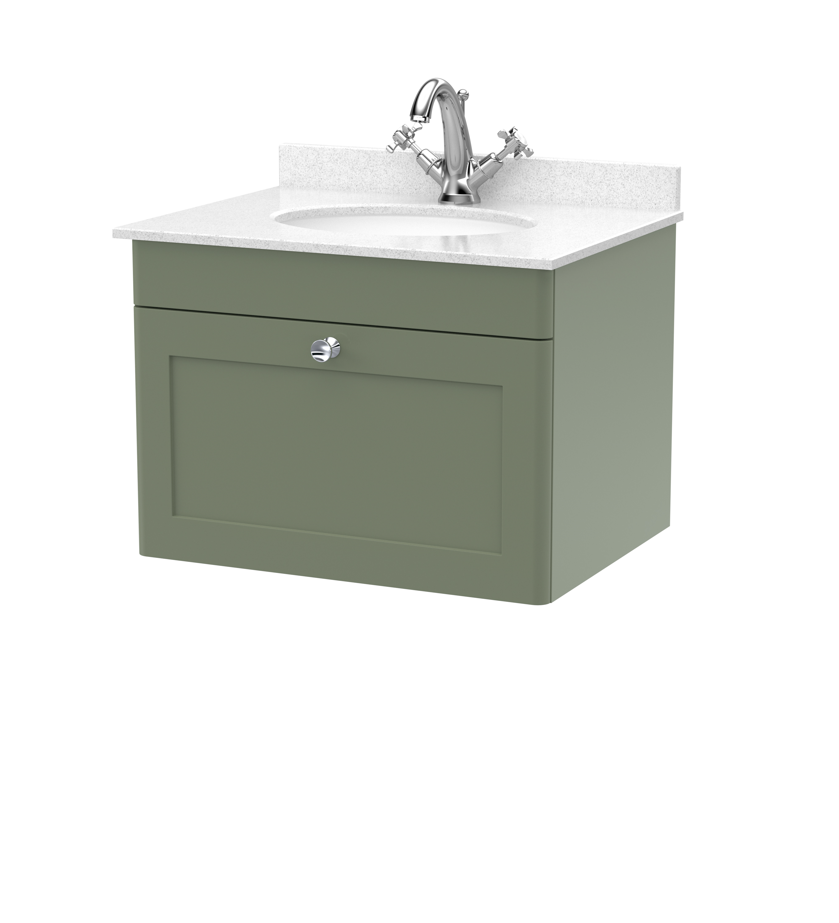 Nuie Classique Satin Green 600mm Wall Hung 1 Drawer Vanity Unit and Marble Top 1TH CLC894WR1