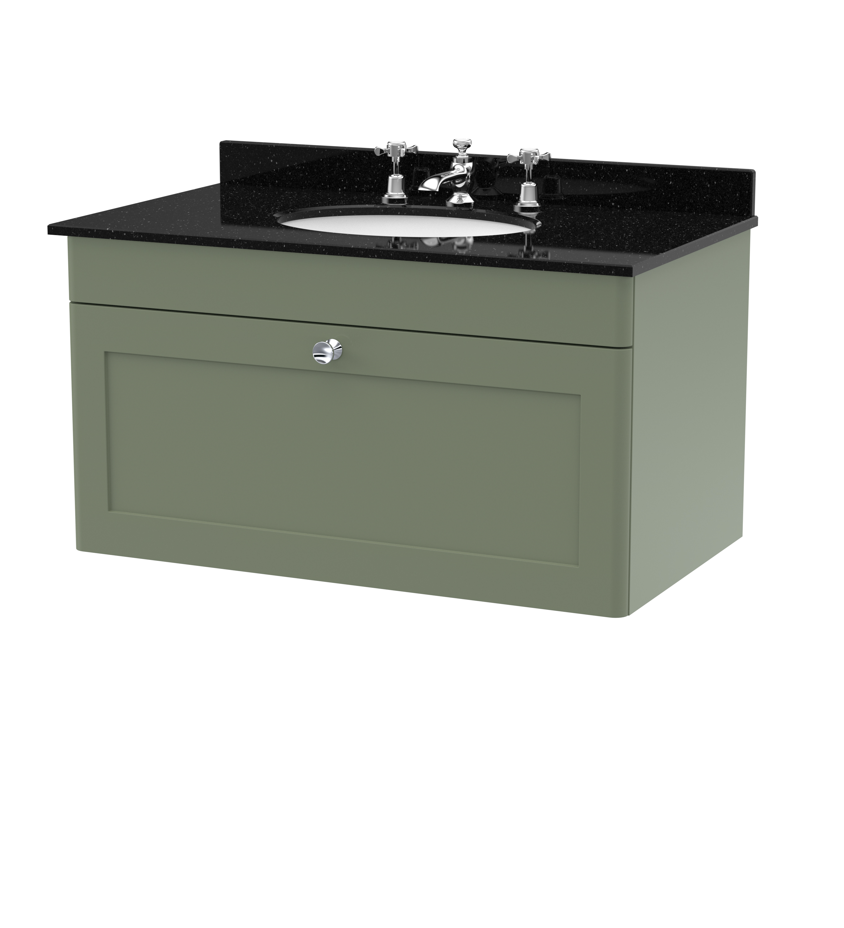 Nuie Classique Satin Green 800mm Wall Hung 1 Drawer Vanity Unit and Marble Top 3TH CLC896BR3