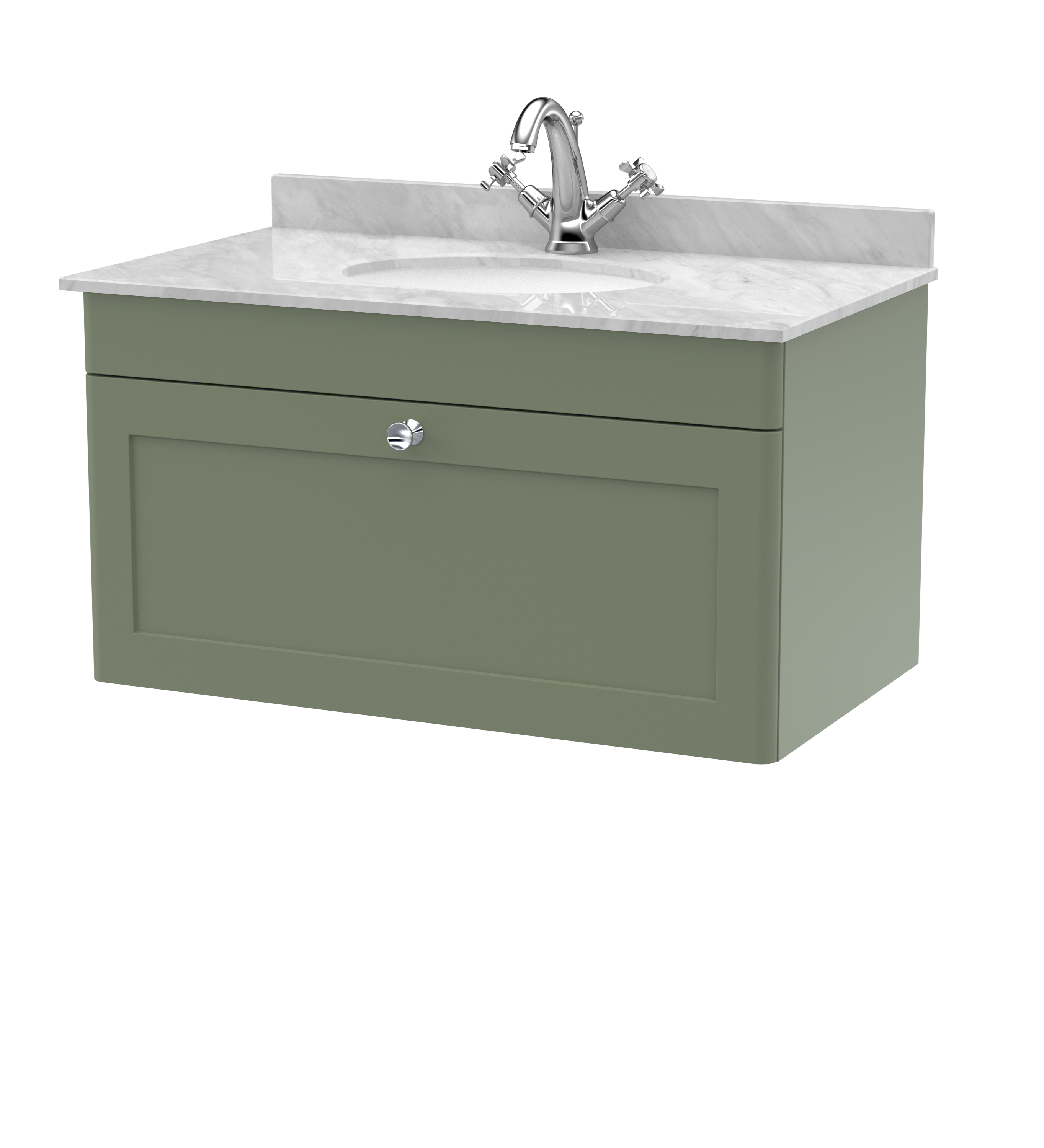 Nuie Classique Satin Green 800mm Wall Hung 1 Drawer Vanity Unit and Marble Top 1TH CLC896GR1