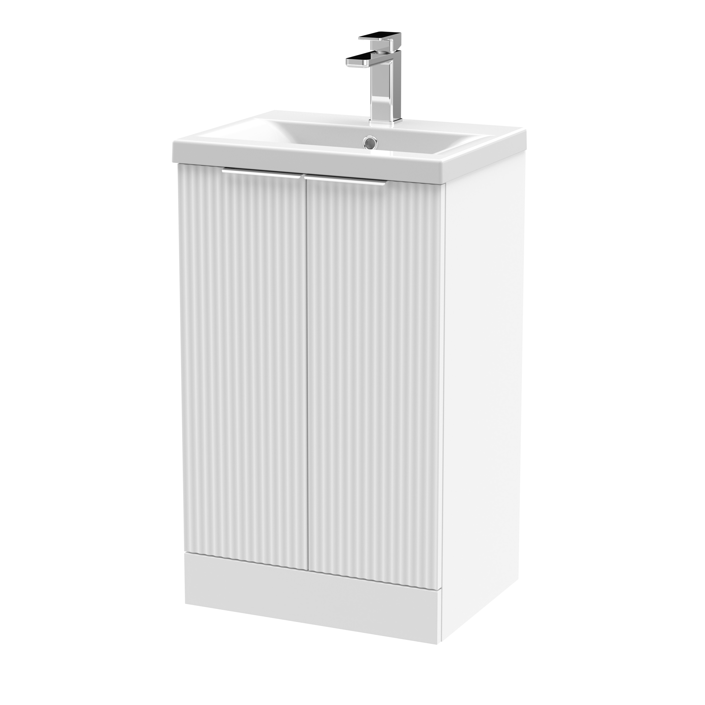 Hudson Reed Fluted Satin White 500mm Floor Standing 2 Door Vanity Unit and Mid Edge Ceramic Basin DFF123A