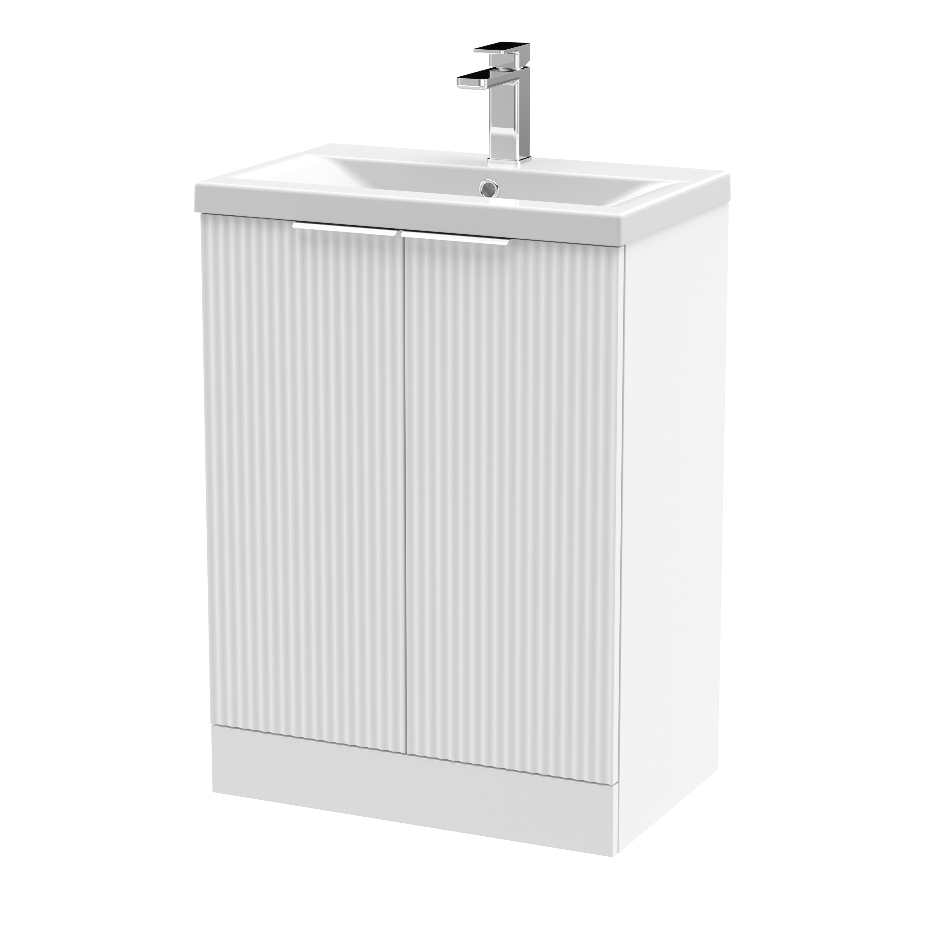 Hudson Reed Fluted Satin White 600mm Floor Standing 2 Door Vanity Unit and Mid Edge Ceramic Basin DFF125A
