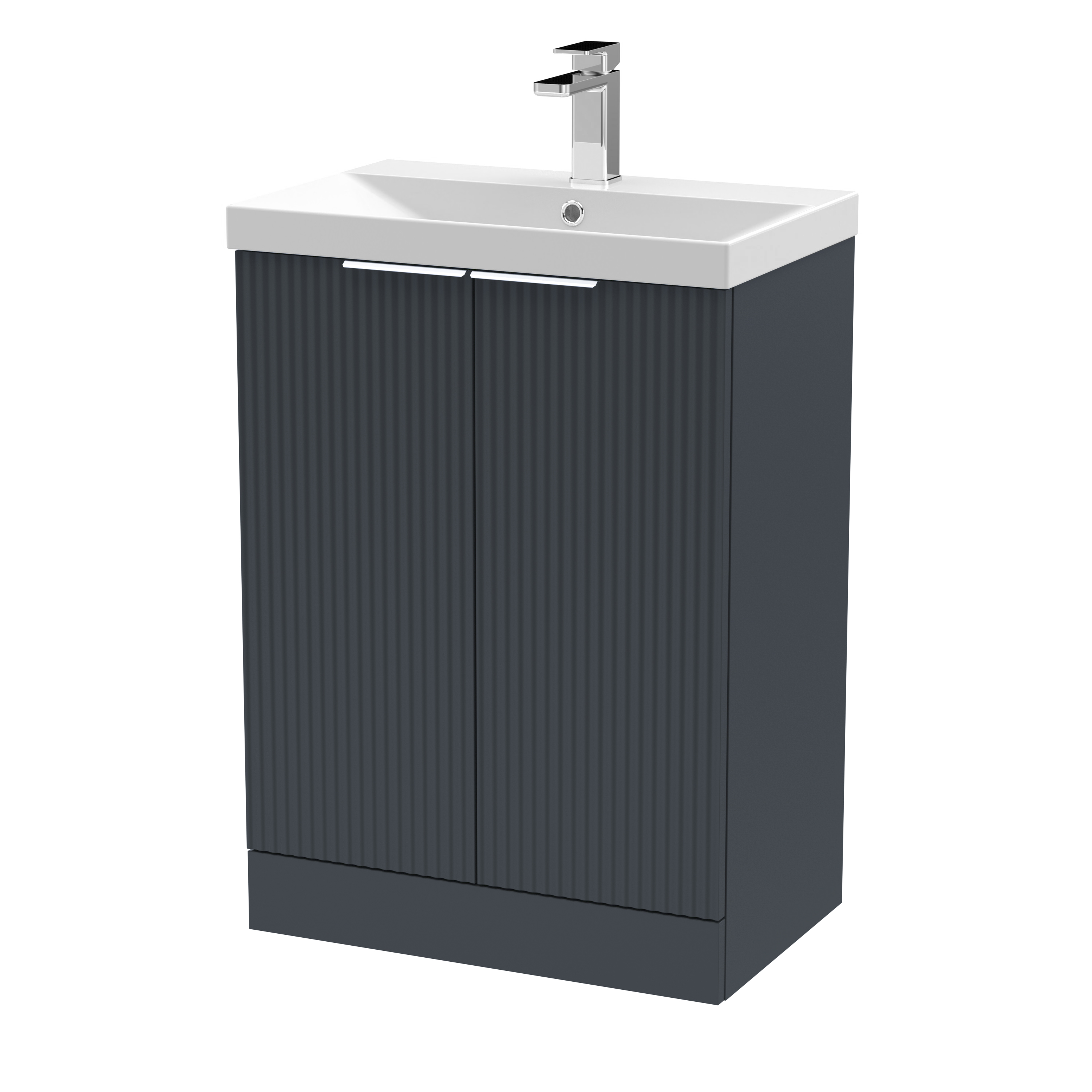 Hudson Reed Fluted Soft Black 600mm Floor Standing 2 Door Vanity Unit and Thin Edge Basin DFF1425D