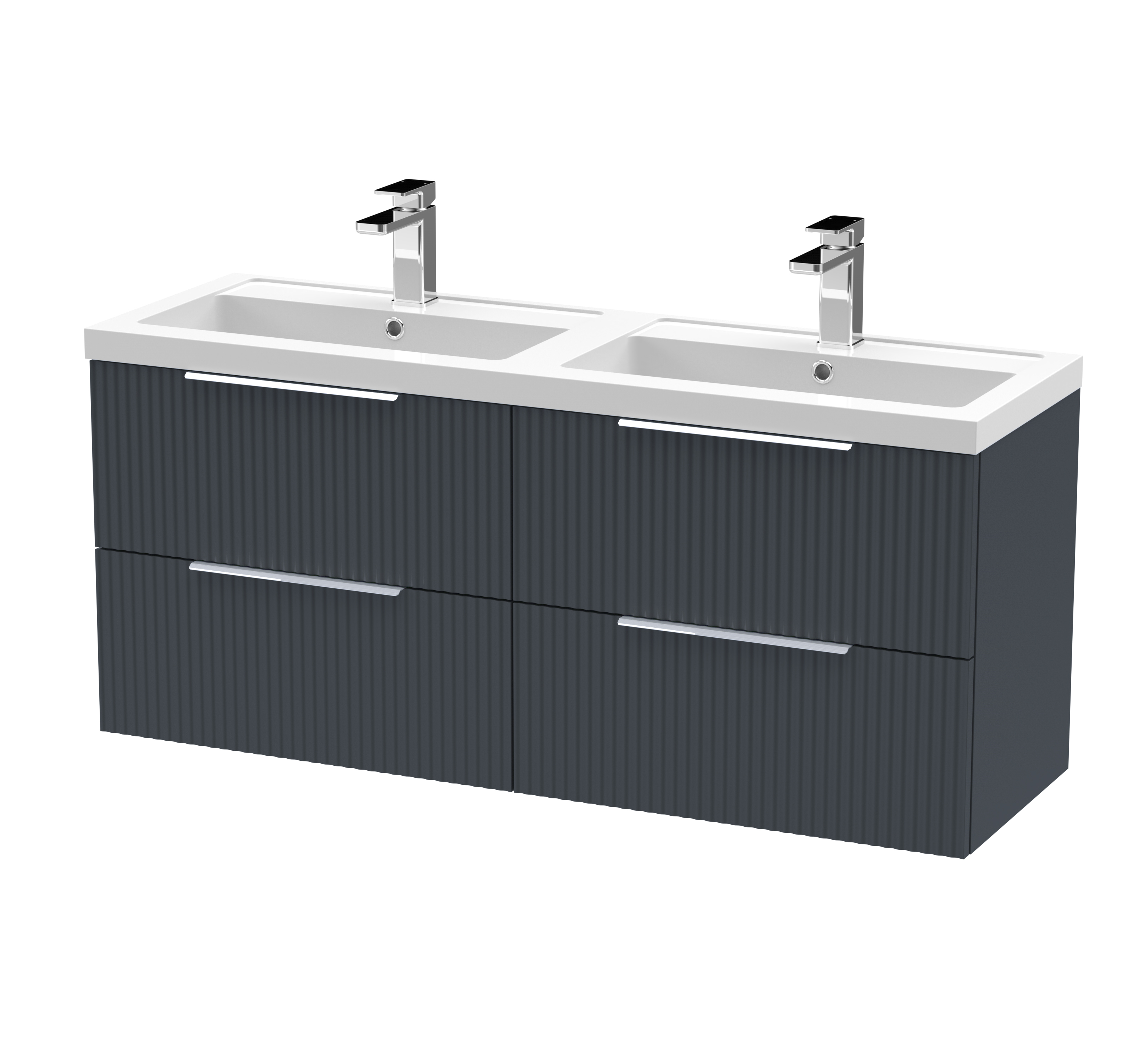Hudson Reed Fluted Soft Black 1200mm Wall Hung 4 Drawer Vanity Unit and Double Basin DFF1493C