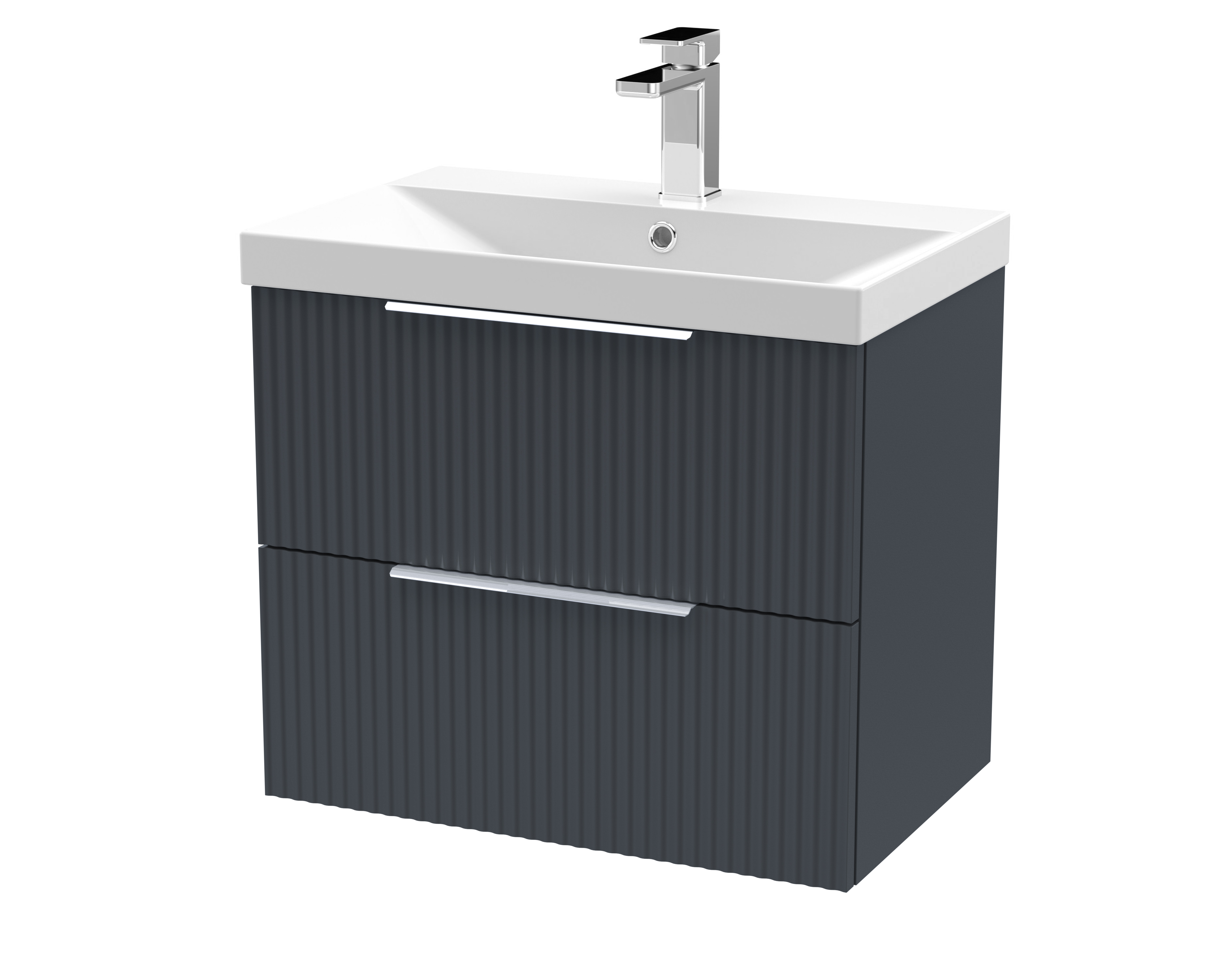 Hudson Reed Fluted Soft Black 600mm Wall Hung 2 Drawer Vanity Unit and Thin Edge Basin DFF1493D