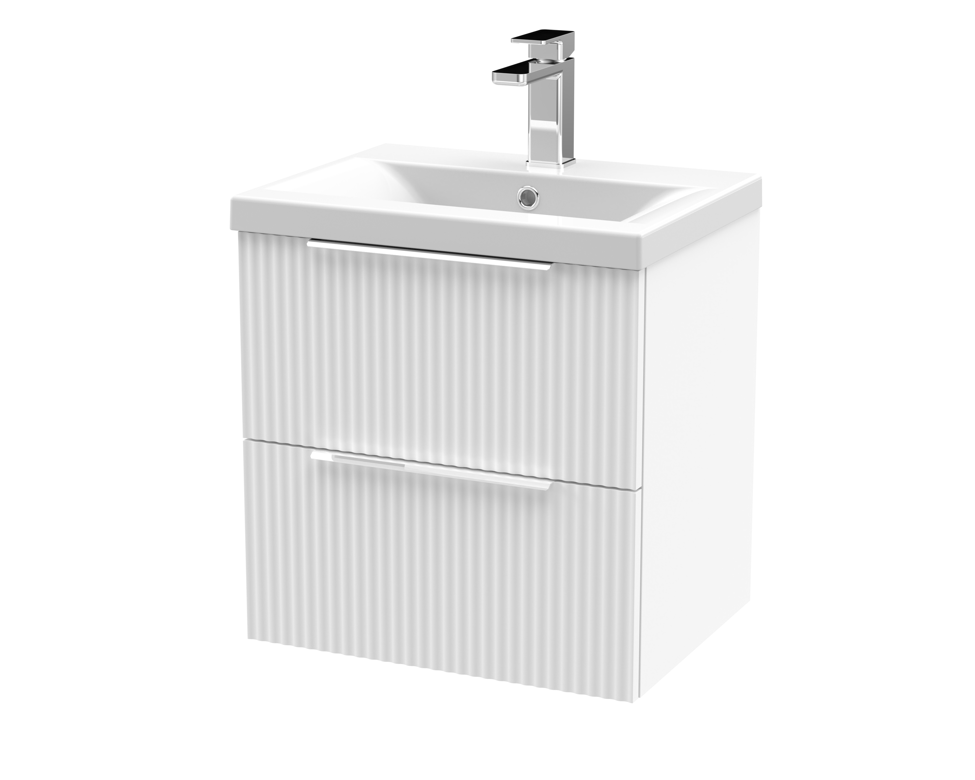 Hudson Reed Fluted Satin White 500mm Wall Hung 2 Drawer Vanity Unit and Mid Edge Ceramic Basin DFF192A