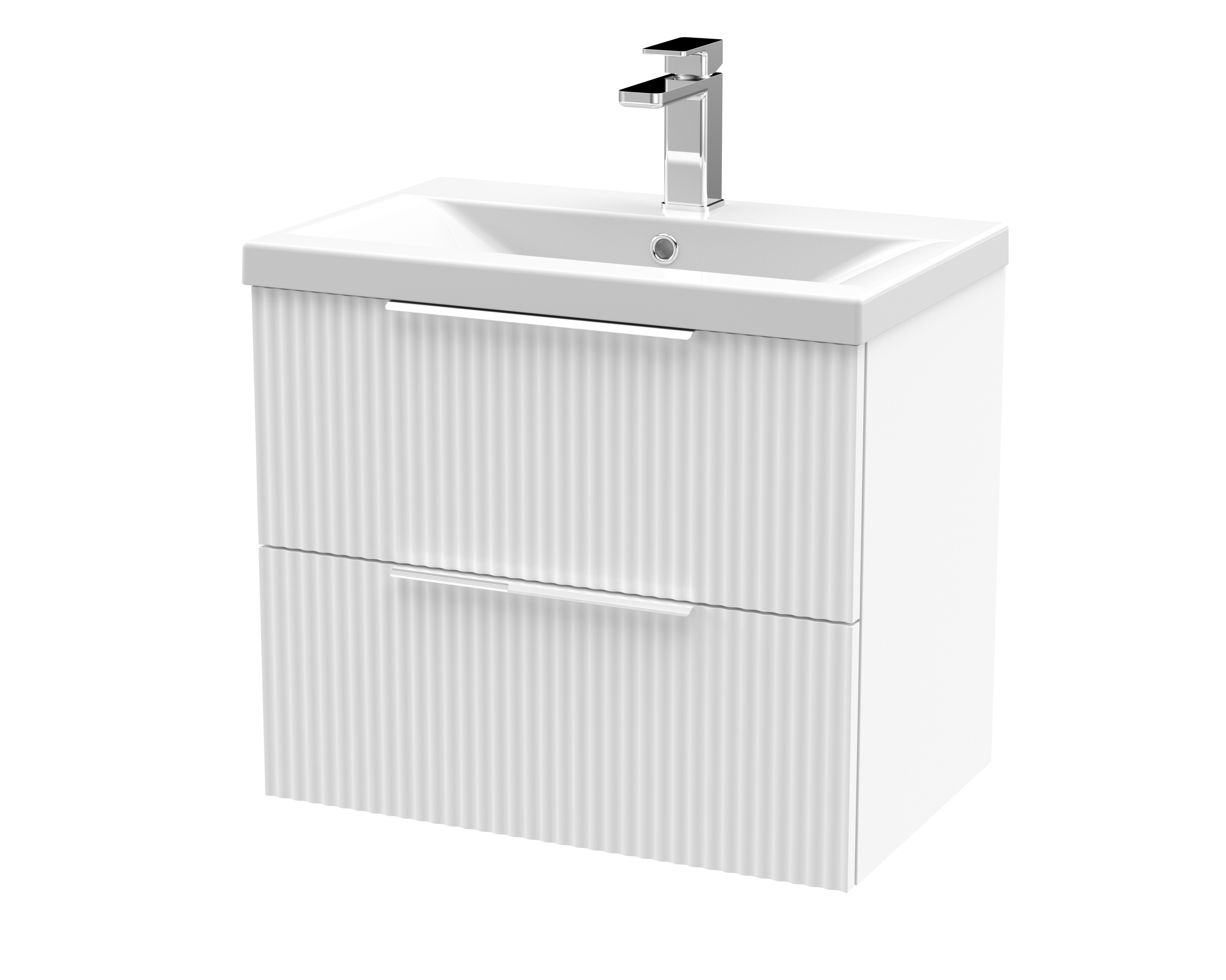 Hudson Reed Fluted Satin White 600mm Wall Hung 2 Drawer Vanity Unit and Mid Edge Ceramic Basin DFF193A