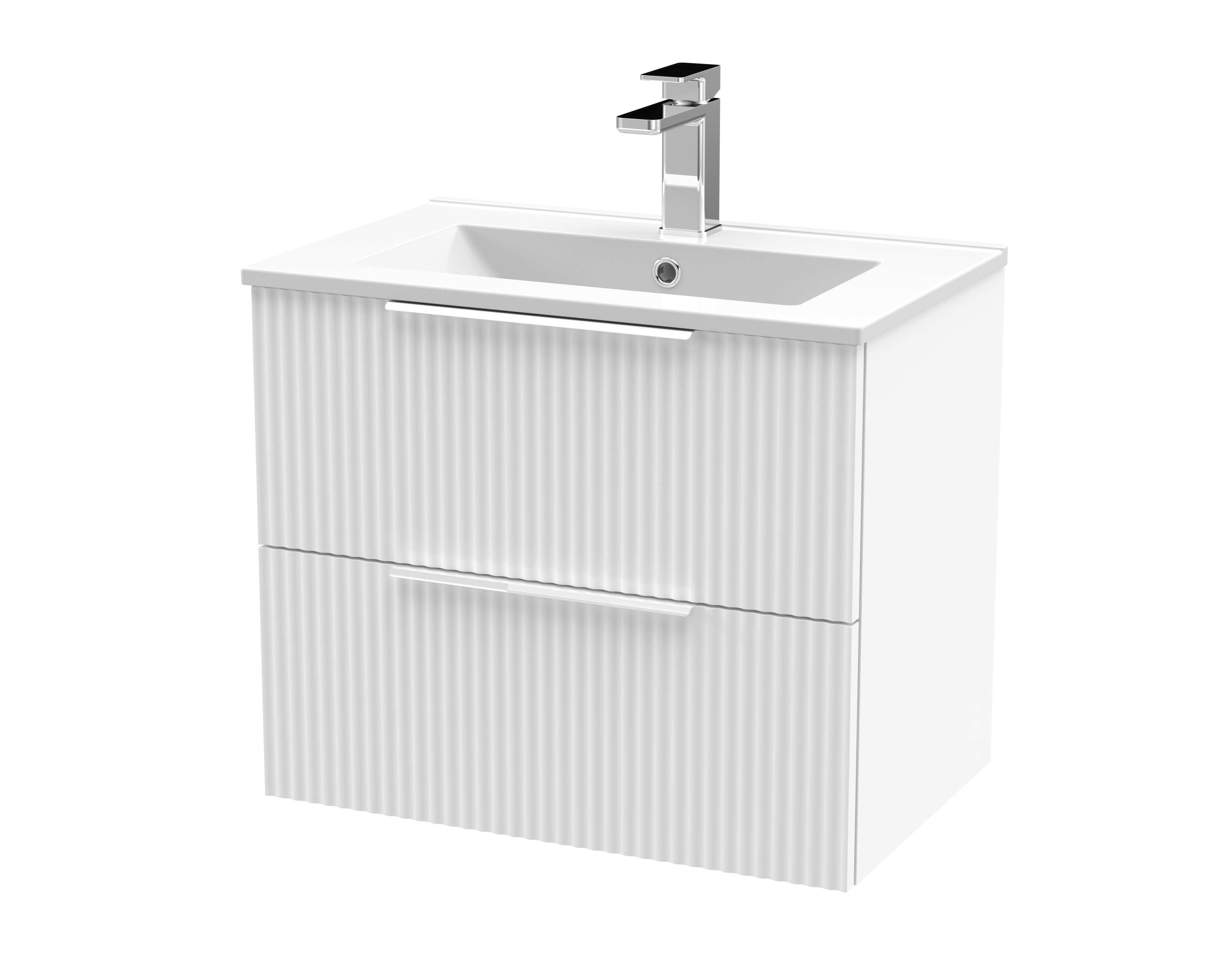 Hudson Reed Fluted Satin White 600mm Wall Hung 2 Drawer Vanity Unit and Basin DFF193B