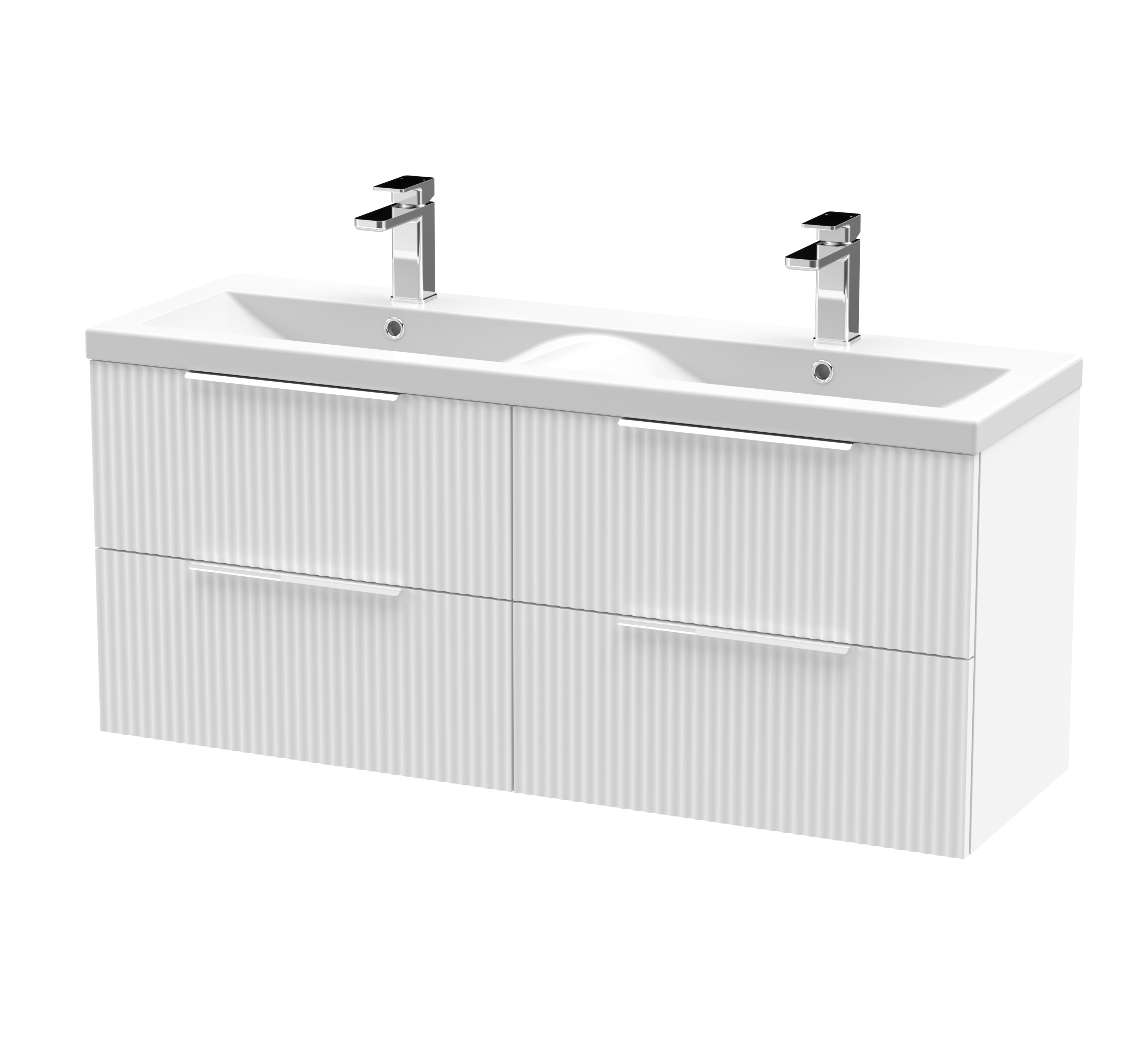 Hudson Reed Fluted Satin White 1200mm Wall Hung 4 Drawer Vanity Unit and Double Basin DFF193F