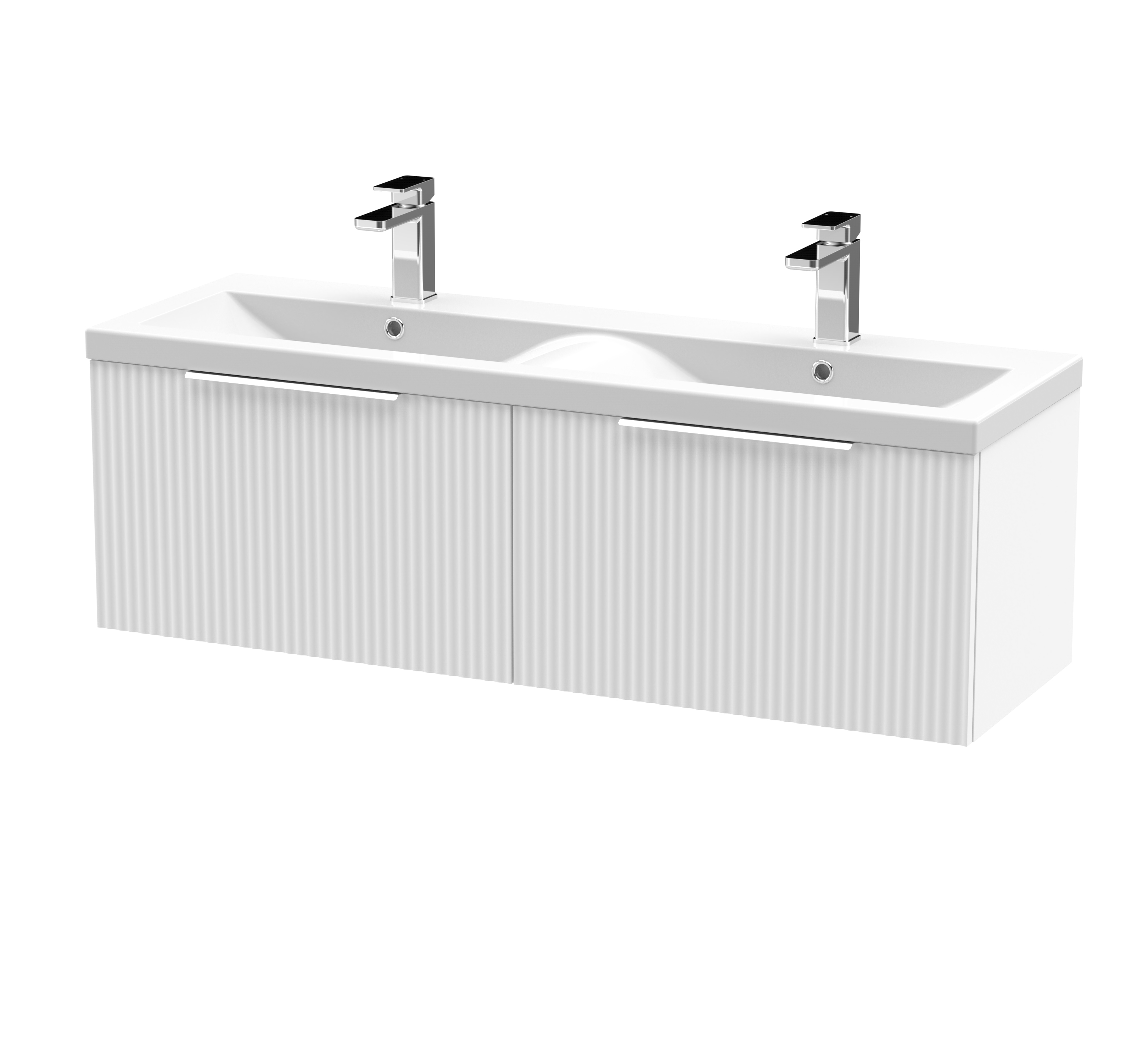 Hudson Reed Fluted Satin White 1200mm Wall Hung 2 Drawer Vanity Unit and Double Basin DFF194F