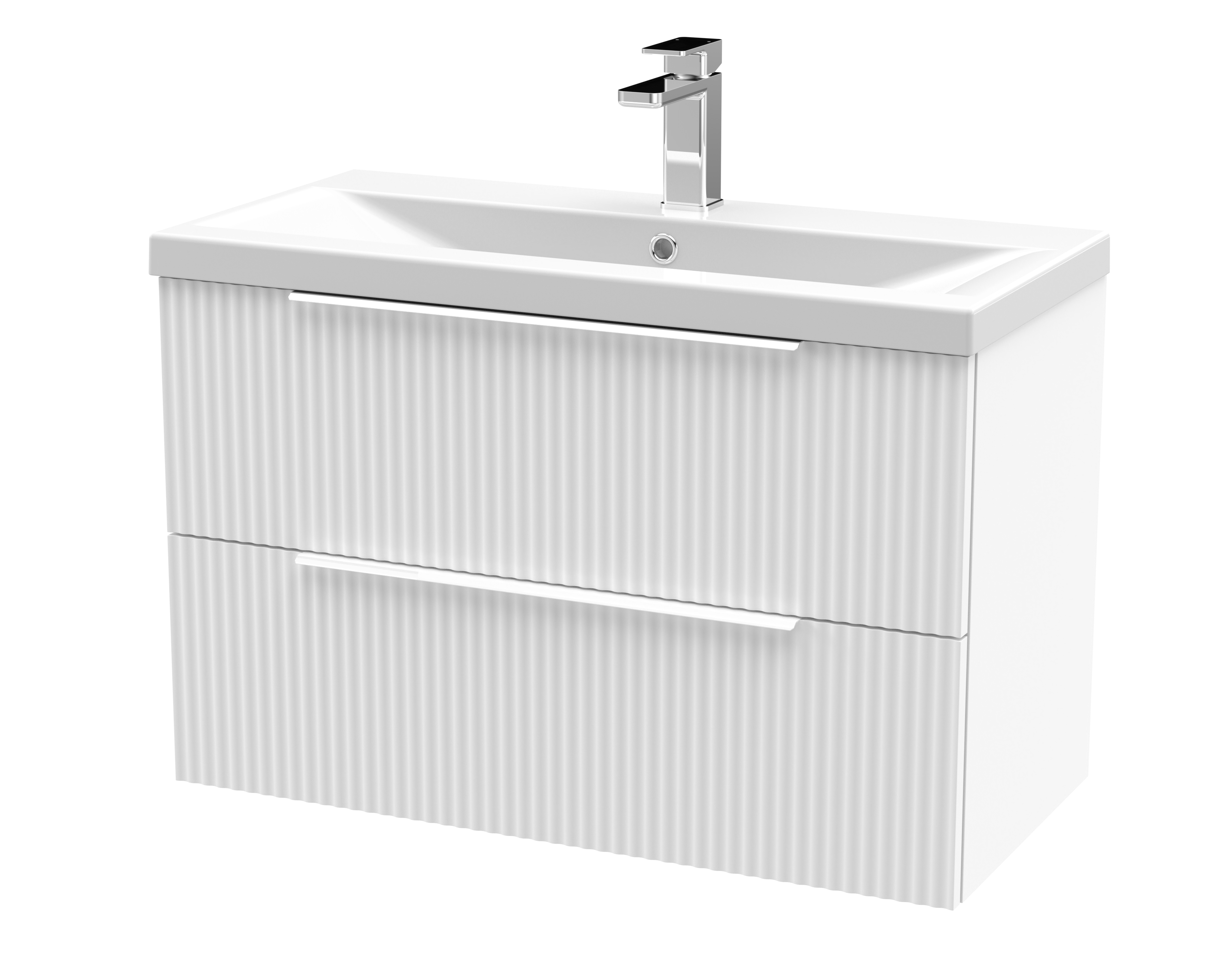 Hudson Reed Fluted Satin White 800mm Wall Hung 2 Drawer Vanity Unit and Mid Edge Ceramic Basin DFF195A