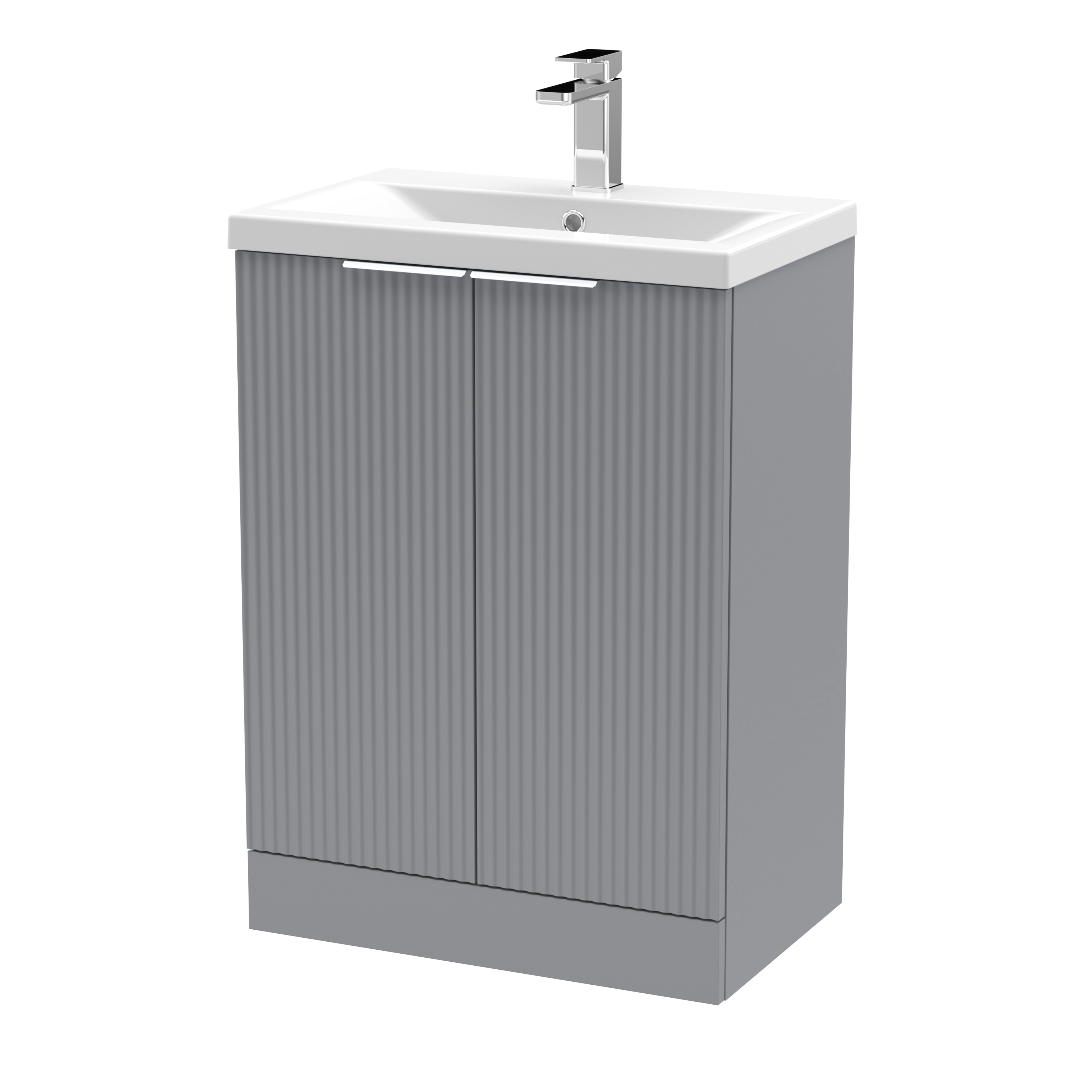 Hudson Reed Fluted Satin Grey 600mm Floor Standing 2 Door Vanity Unit and Mid Edge Ceramic Basin DFF225A