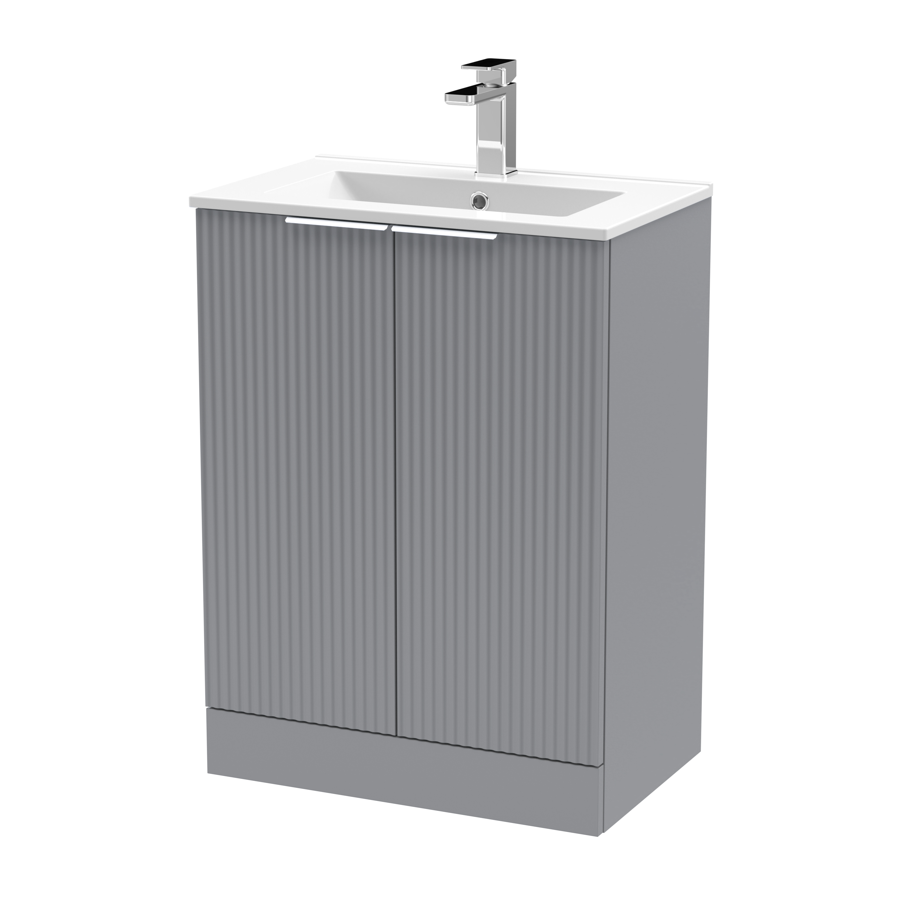 Hudson Reed Fluted Satin Grey 600mm Floor Standing 2 Door Vanity Unit and Basin DFF225B