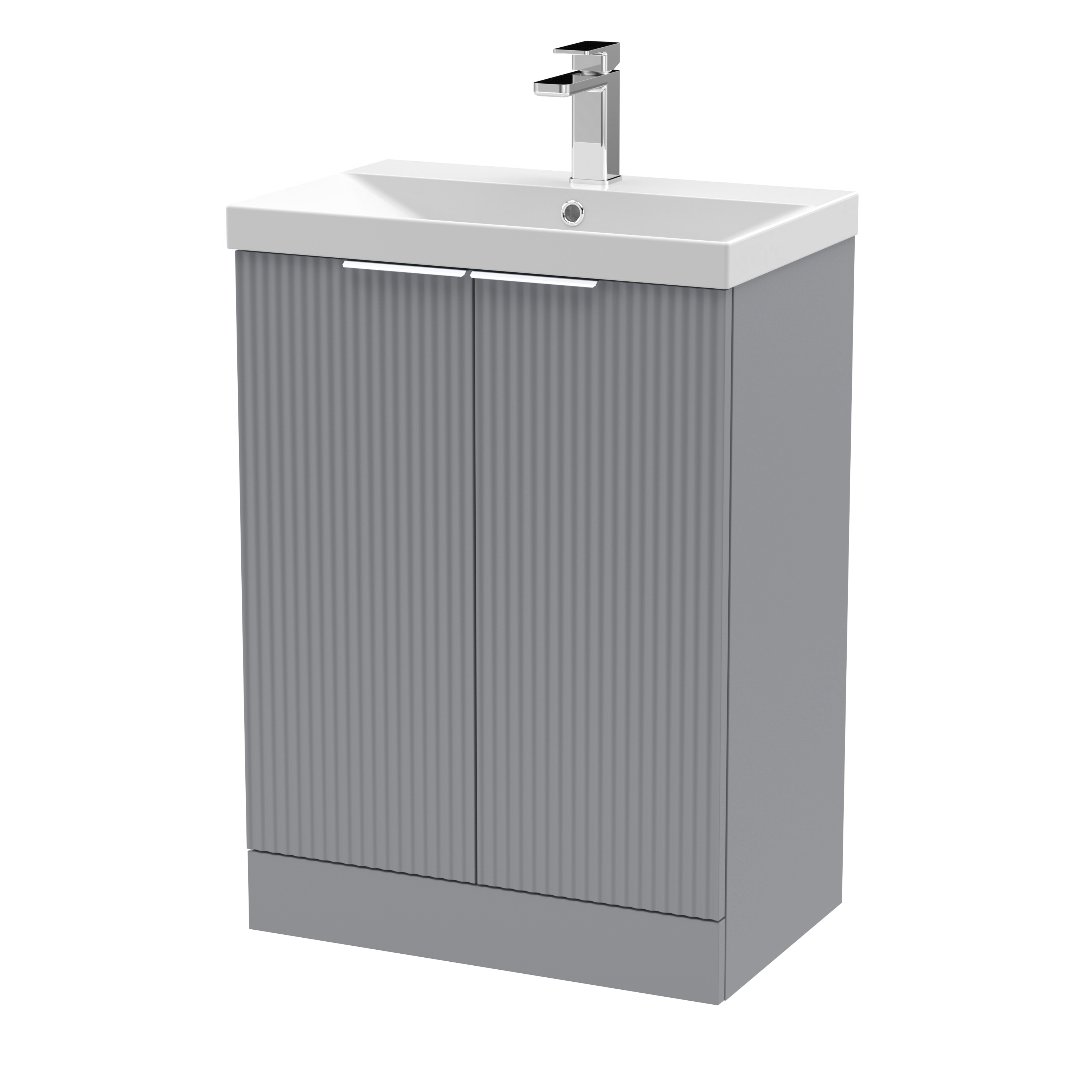 Hudson Reed Fluted Satin Grey 600mm Floor Standing 2 Door Vanity Unit and Thin Edge Basin DFF225D