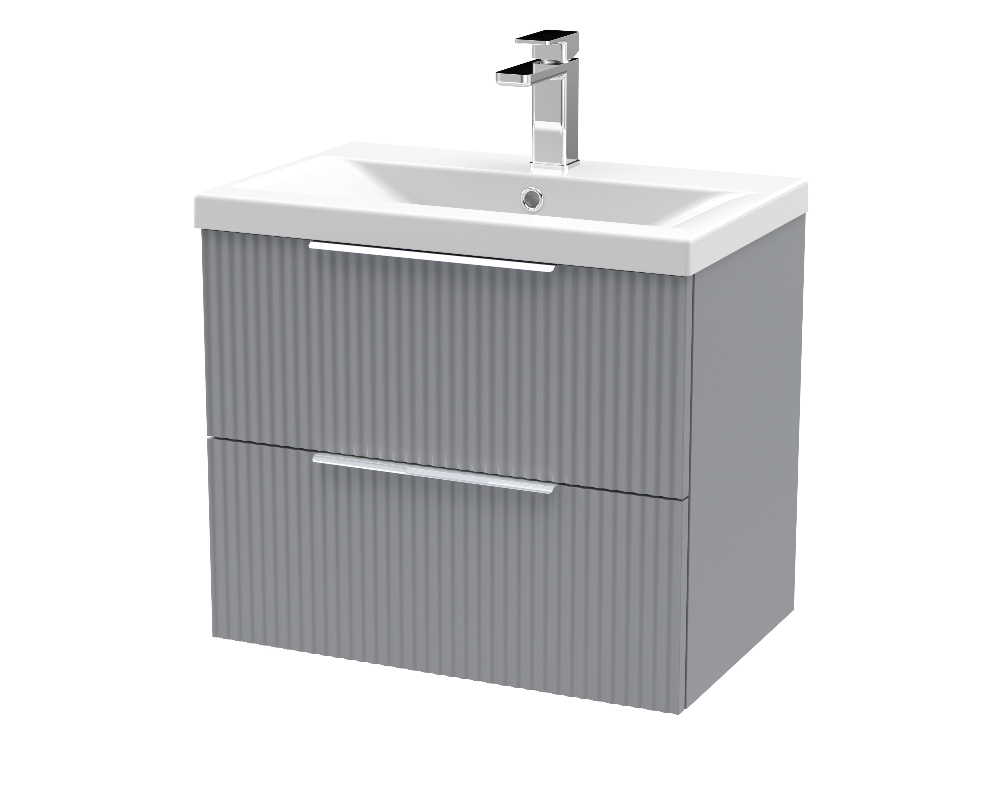 Hudson Reed Fluted Satin Grey 600mm Wall Hung 2 Drawer Vanity Unit and Mid Edge Ceramic Basin DFF293A