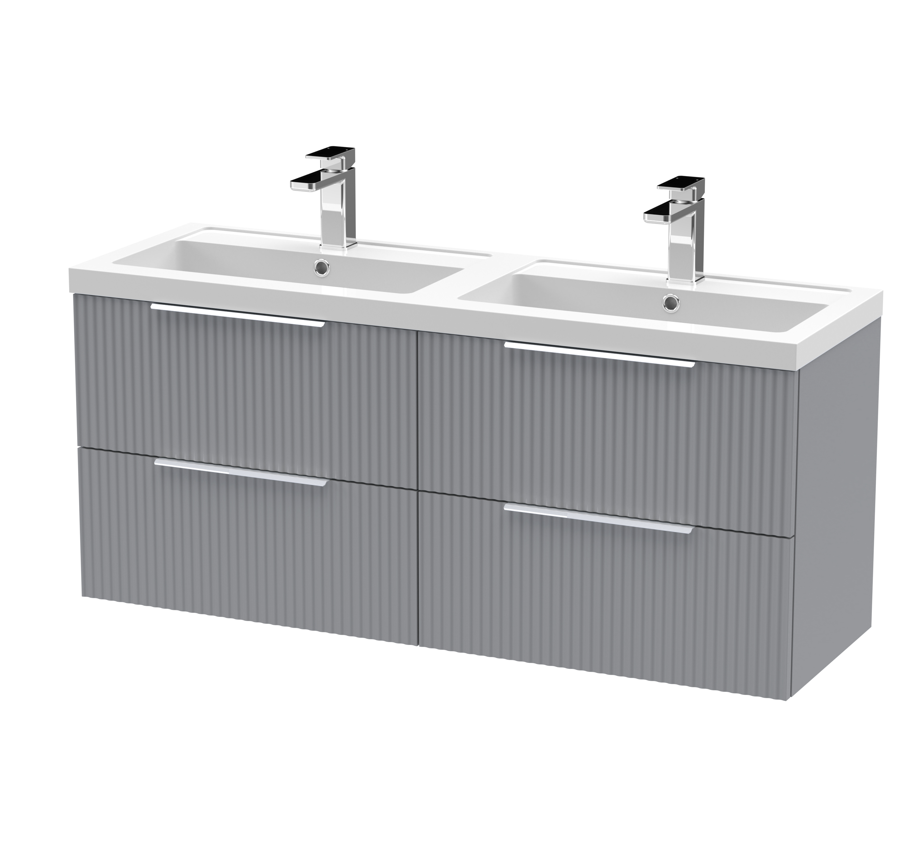 Hudson Reed Fluted Satin Grey 1200mm Wall Hung 4 Drawer Vanity Unit and Double Basin DFF293C