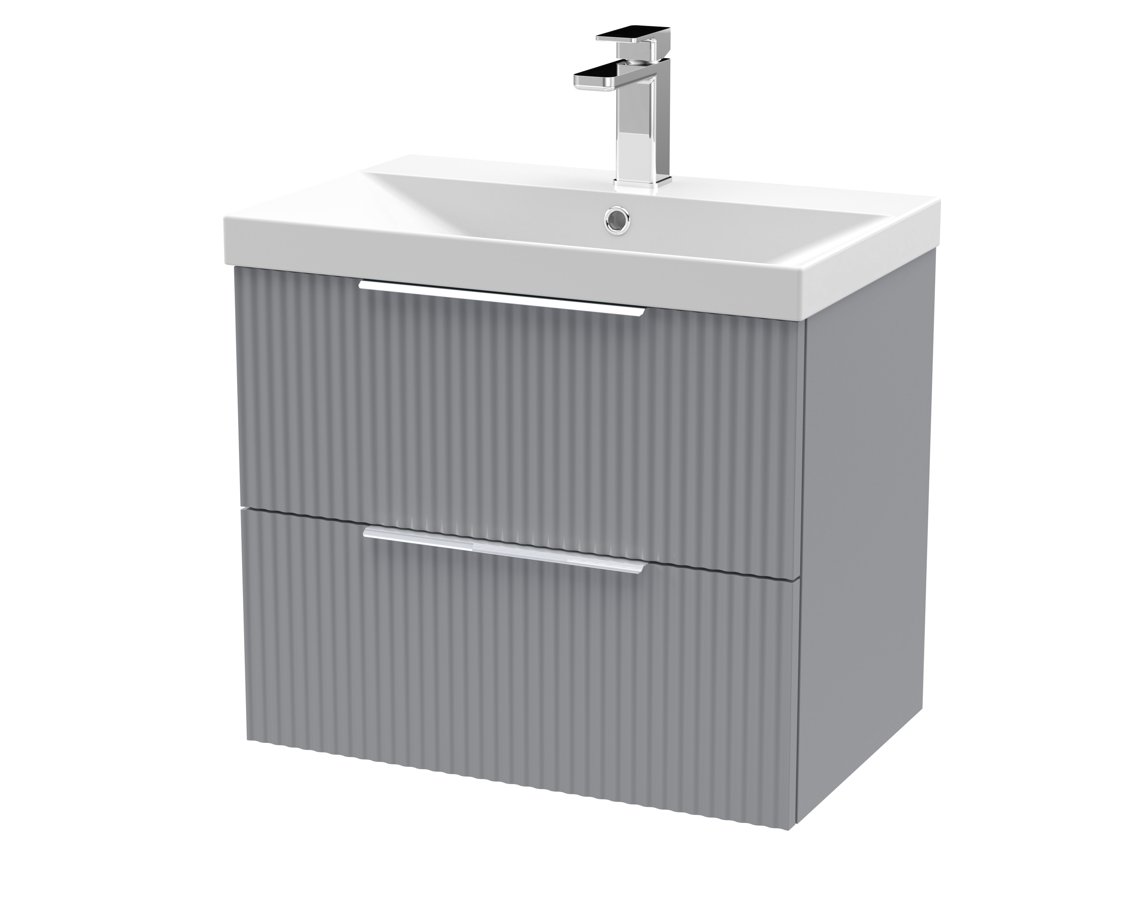 Hudson Reed Fluted Satin Grey 600mm Wall Hung 2 Drawer Vanity Unit and Thin Edge Basin DFF293D