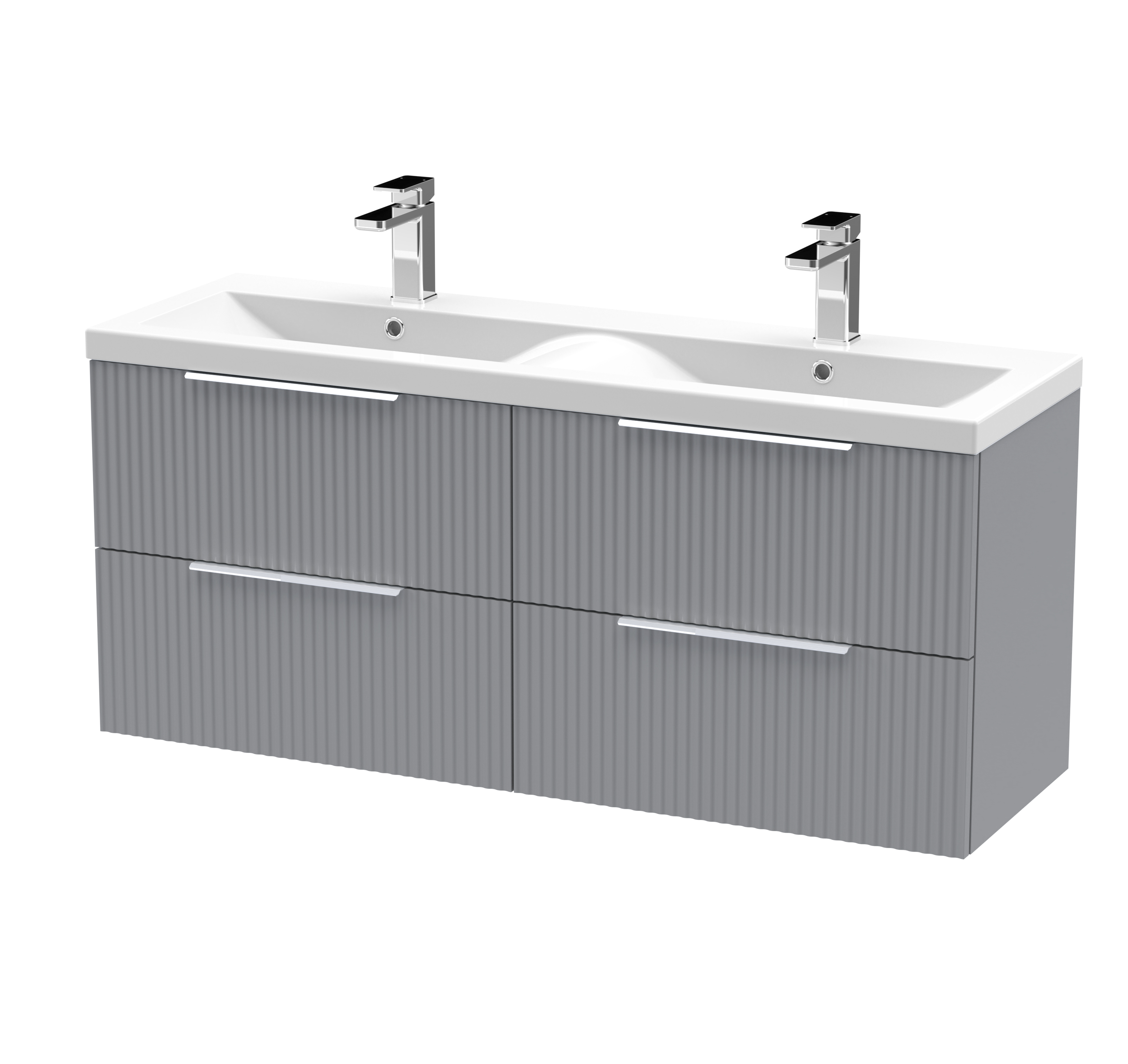Hudson Reed Fluted Satin Grey 1200mm Wall Hung 4 Drawer Vanity Unit and Double Basin DFF293F